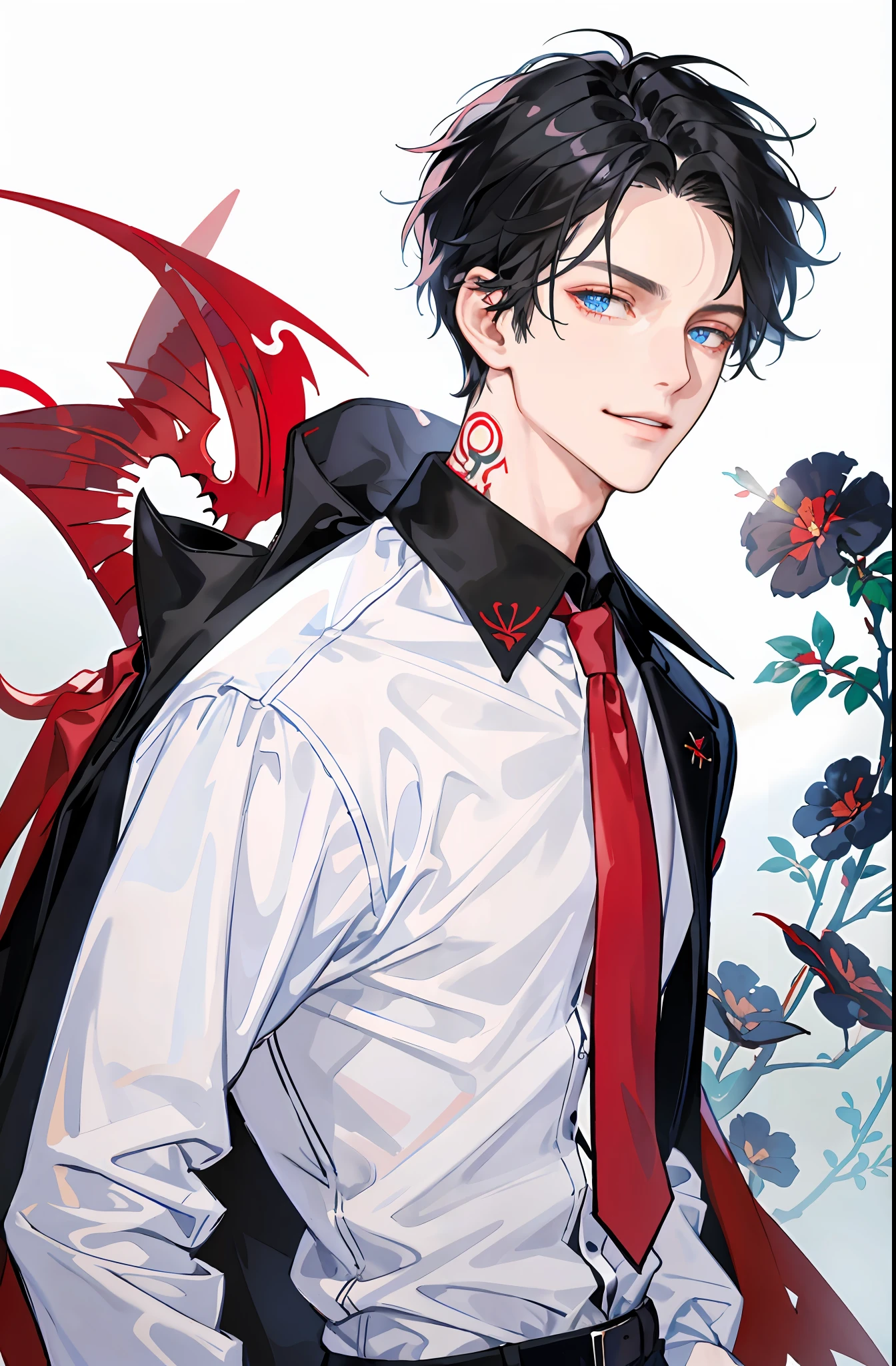 masterpiece, man, black hair, short hair, blue eyes, red pupil, smirk, black coat, white shirt, tie, upper body, pants, simple background, tattoo on the face