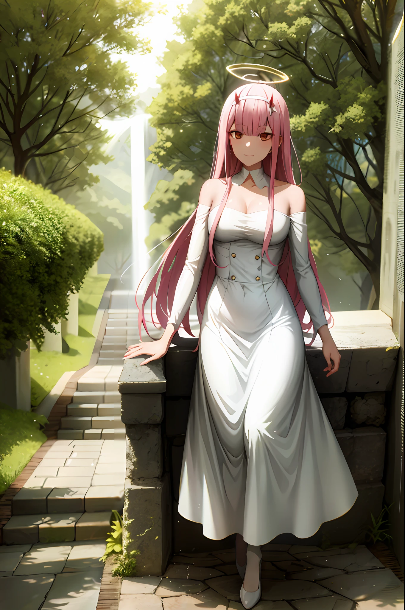 long dress, oni girl, zero two, white dress, white dress, angel halo, rainbow halo, full body, portrait, medium breast, walking, forest