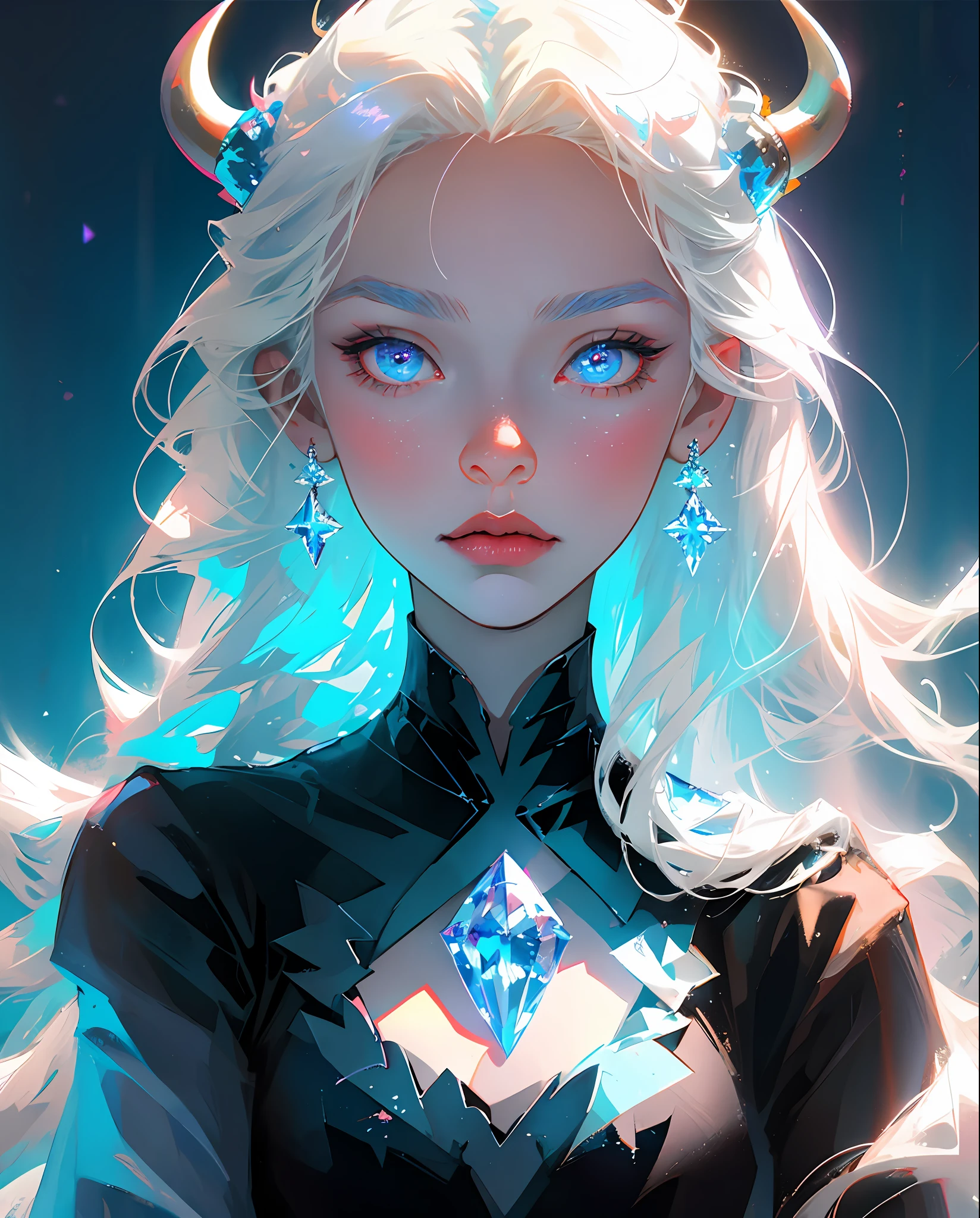 Elsa From Frozen, Perfect masterpiece, highest quality, perfect work of art, 8K, illustration, soft pale blue fur, white hair, black pupils, ghost horns, 2 horns, blue eyes, (boy, male, juvenile), bust photograph, gaze at the viewer.
