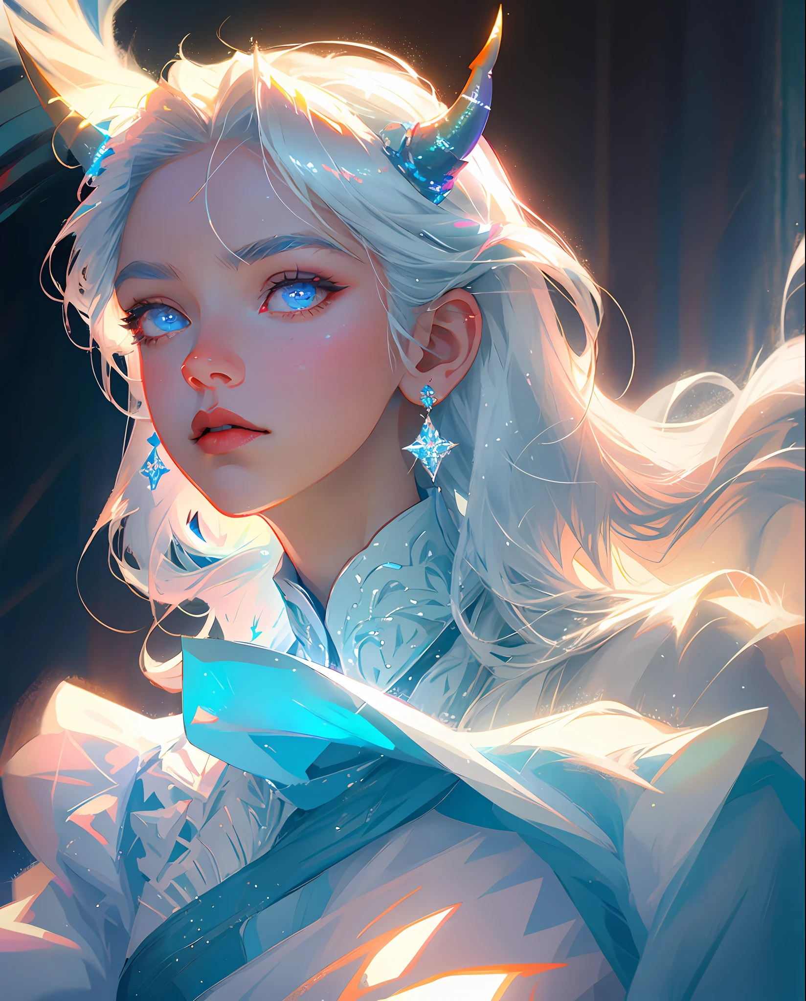 Elsa From Frozen, Perfect masterpiece, highest quality, perfect work of art, 8K, illustration, soft pale blue fur, white hair, black pupils, ghost horns, 2 horns, blue eyes, (boy, male, juvenile), bust photograph, gaze at the viewer.