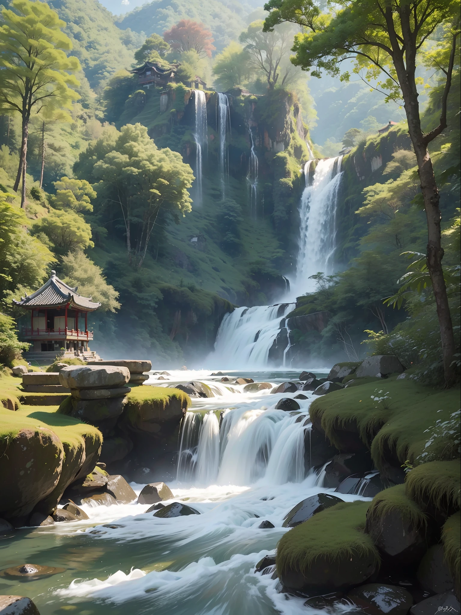 (Ultra wide-angle lens), (Best masterpiece), 8K, An ancient Chinese town nestled in mountains and hills, with lush trees, verdant leaves, murmuring streams. The visuals are exquisite and beautiful, brimming with sunshine.(white background:1 .5),white background,outside border