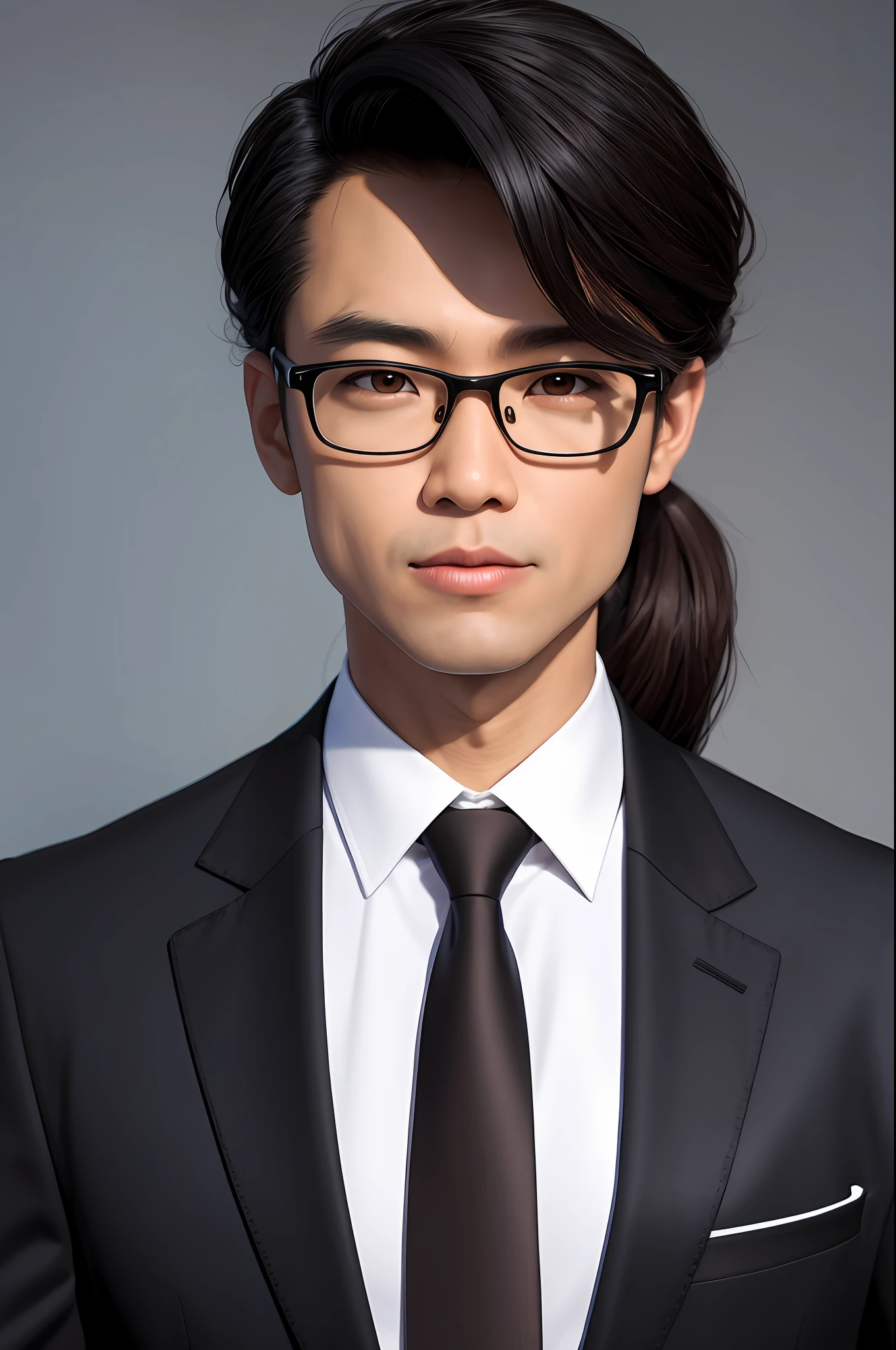 Best Quality, Masterpiece, High Resolution, artist_name, Asian, black_hair, black_jacket, black_necktie, brown_eyes, collared_shirt, Formal, grey_background, Lips, looking_at_viewer, Tie, Nose, Realistic, Shirt, Solo, Suit, Glasses, upper_body, white_shirt, wing_collar