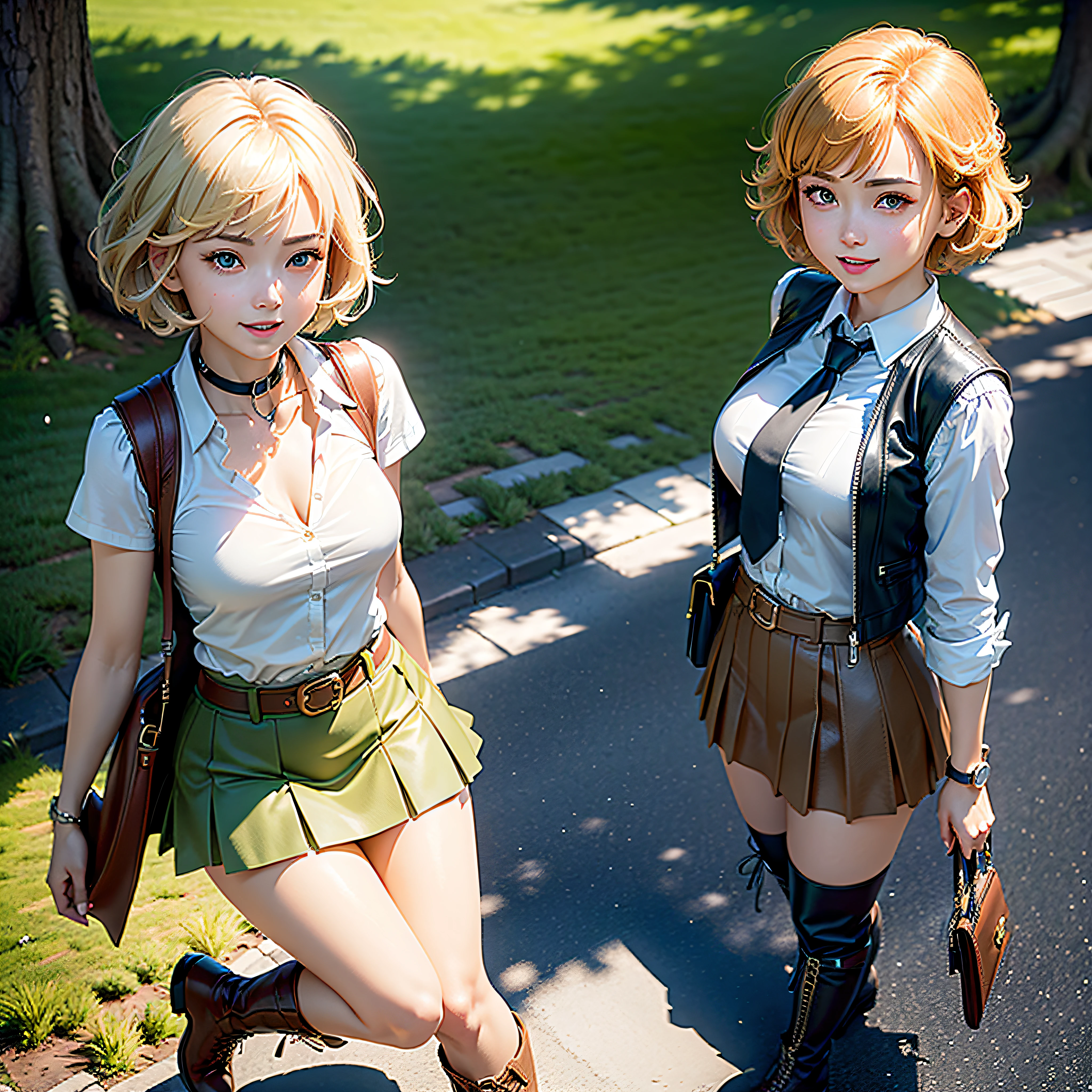 (Masterpiece, highest quality, highest resolution, distinct_image, very elaborate CG, cinematic lighting, ray tracing, drop shadows, detailed detail, (photorealistic: 1.4), high quality textures, fine-grained, realistic face expressions): (Solo girl, face is Japan, short golden hair, short-cut hair, small size breasts, Sparkly eyes, eye level shots, happy smiles, beauty, slim body, holiday, skirt, white shirt with collar, leather vest, cardian, handgun holder, carrying leather back on the back, long boots, tie, fresh green season, sunny day with good climate, green park, lush trees, wide lawn, promenade in the park, flowers blooming in flower beds, Street, Fountain, Active Angle, Active Action)