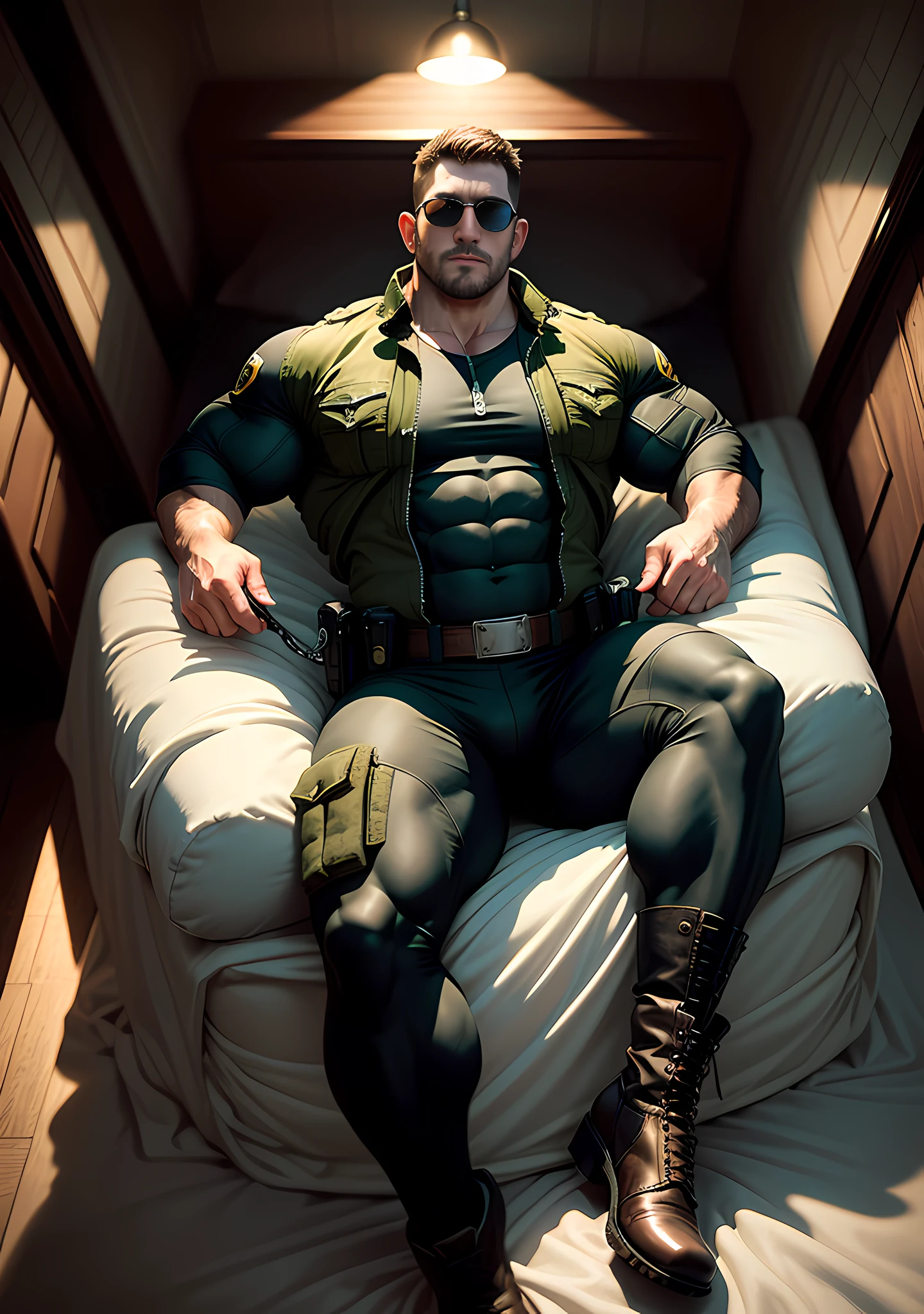 Muscular security guard in dark yellow, his arms are long and thick, wearing sunglasses, lying on a large white and soft bed with warm fluff, the bosom of a muscle giant in the background, a muscle hero, Buzz Cut, tall and burly, muscular! Tall burly, sneak suit, symmetrical floral texture design thick thermal tights, super buff and cool, high resolution committee, character design (Resident Evil - Chris Redfield), rough big feet, black military boots, attractive strong men, warm and soft lights shining on the body