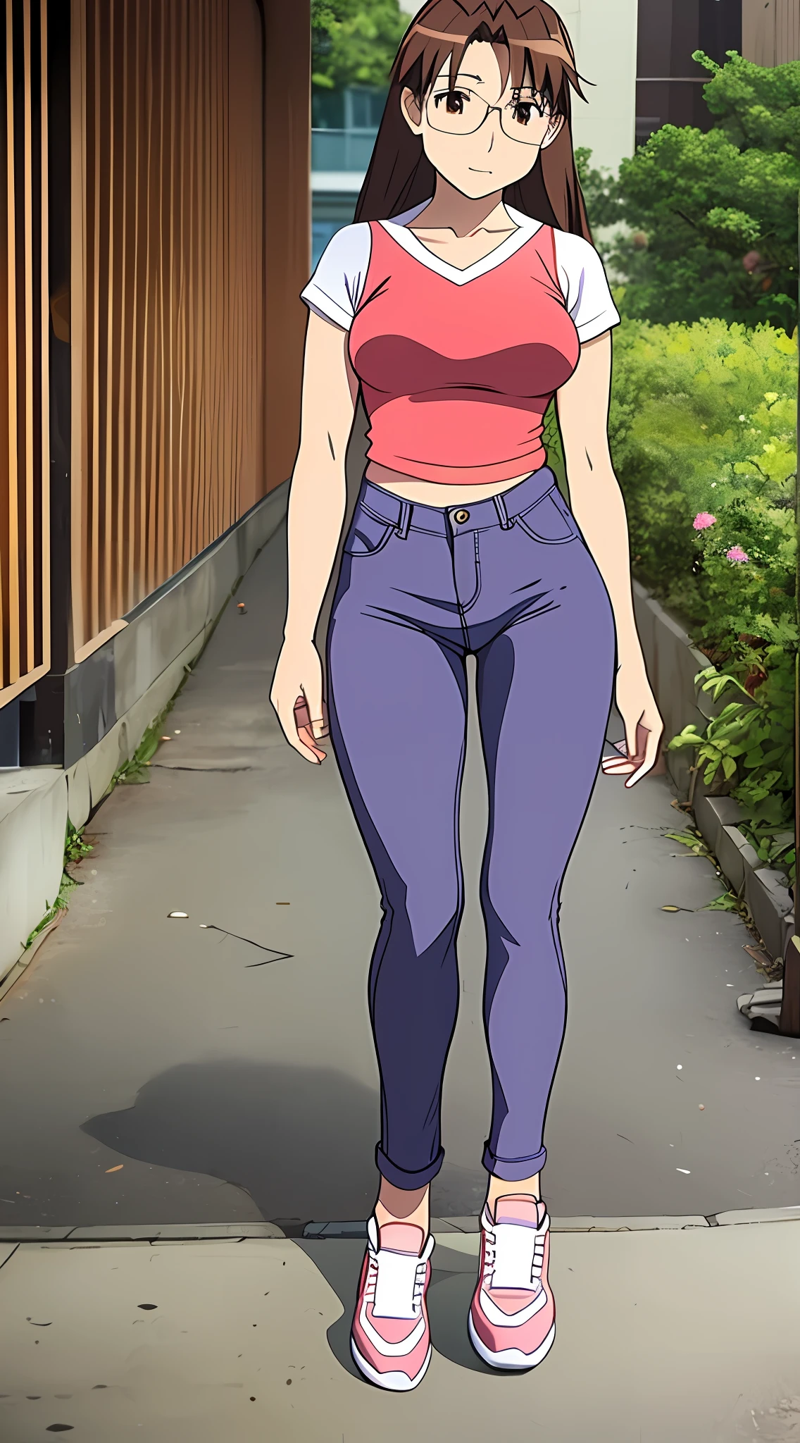 Koyomi Mizuhara, Brunette hair, glasses, breasts, medium ass, nice legs, short top, Tight jeans , shoes, slim figure, tall, showing her ass cheeks