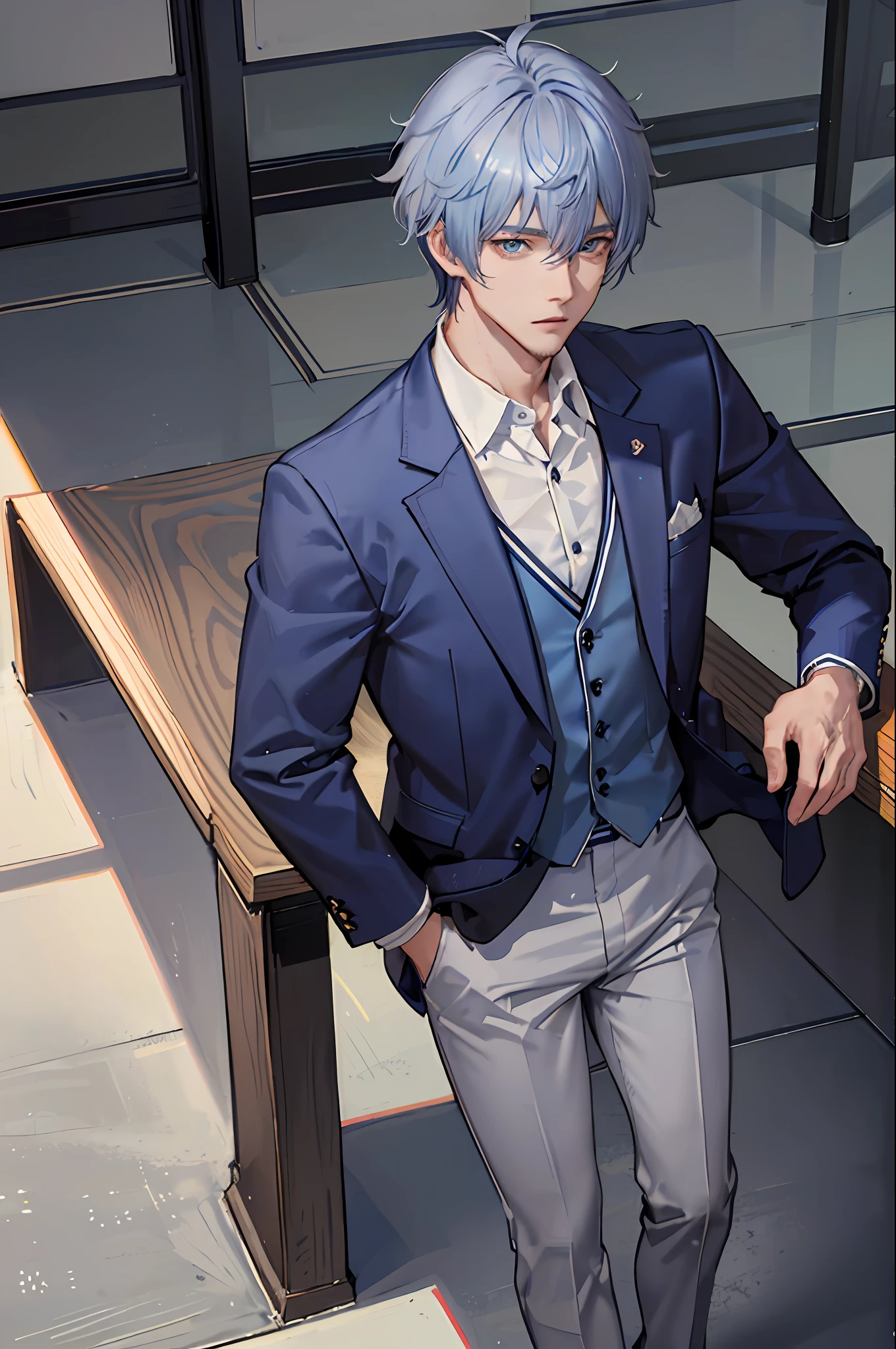 1boy, [detailed background (classroom, school, korean school, Seoul], kamisato ayato, genshin impact, blue hair, pastel blue hair, short blue hair with longer fringe on left side of the face, lean and muscular male, alpha male, masculine male, tall male, teenager ((man wears an white korean school uniform, gray trousers)), correct limbs, correct anatomy, handsome, Eye details, beautiful eyes, delicate eyes, blue eyes, avoid different eyes, broad chest, broad shoulders, tiny waist, long legs, serious face