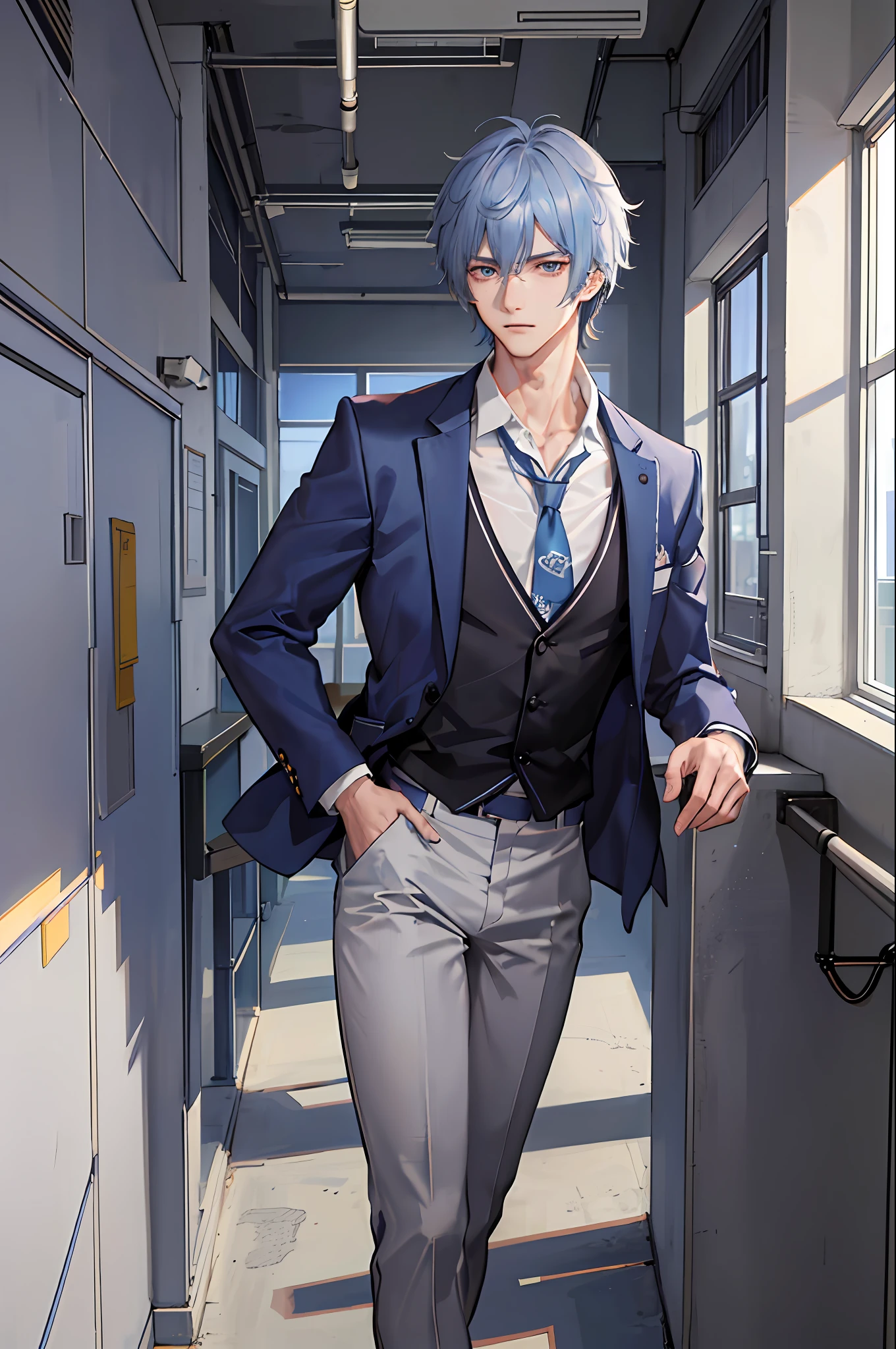 1boy, [detailed background (classroom, school, korean school, Seoul], kamisato ayato, genshin impact, blue hair, pastel blue hair, short blue hair with longer fringe on left side of the face, lean and muscular male, alpha male, masculine male, tall male, teenager ((man wears an white korean school uniform, gray trousers)), correct limbs, correct anatomy, handsome, Eye details, beautiful eyes, delicate eyes, blue eyes, avoid different eyes, broad chest, broad shoulders, tiny waist, long legs, serious face