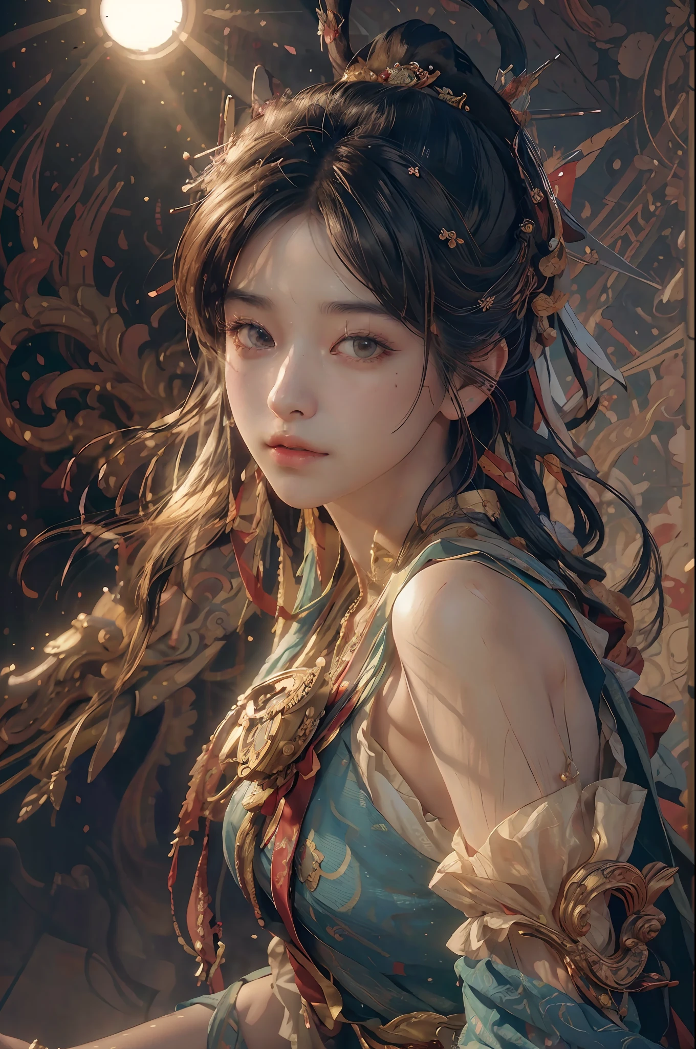 (RAW photo, best quality), (realistic, photo-realistic:1.3),best quality,highly detailed,masterpiece,ultra-detailed,illustration,1girl,upper_body,dynamic angle,world masterpiece theater,messy_long_hair,best quality,extremely detailed CG unity 8k wallpaper,ink,Amazing,cinematic lighting,lens_flare, dunhuang_style