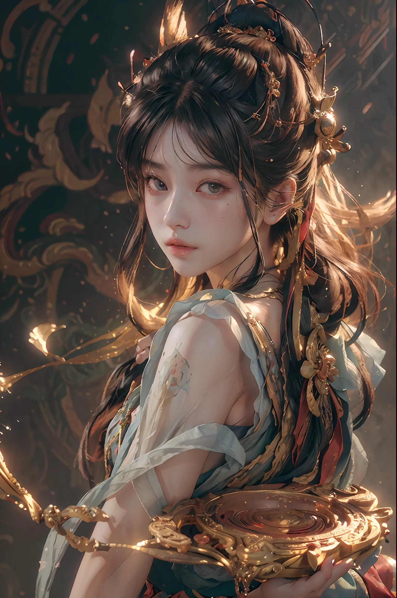 (RAW photo, best quality), (realistic, photo-realistic:1.3),best quality,highly detailed,masterpiece,ultra-detailed,illustration,1girl,upper_body,dynamic angle,world masterpiece theater,messy_long_hair,best quality,extremely detailed CG unity 8k wallpaper,ink,Amazing,cinematic lighting,lens_flare, dunhuang_style