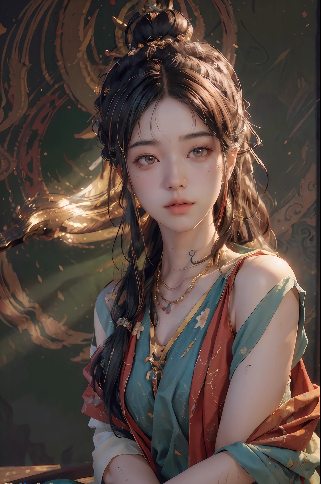 (RAW photo, best quality), (realistic, photo-realistic:1.3),best quality,highly detailed,masterpiece,ultra-detailed,illustration,1girl,upper_body,dynamic angle,world masterpiece theater,messy_long_hair,best quality,extremely detailed CG unity 8k wallpaper,ink,Amazing,cinematic lighting,lens_flare, dunhuang_style