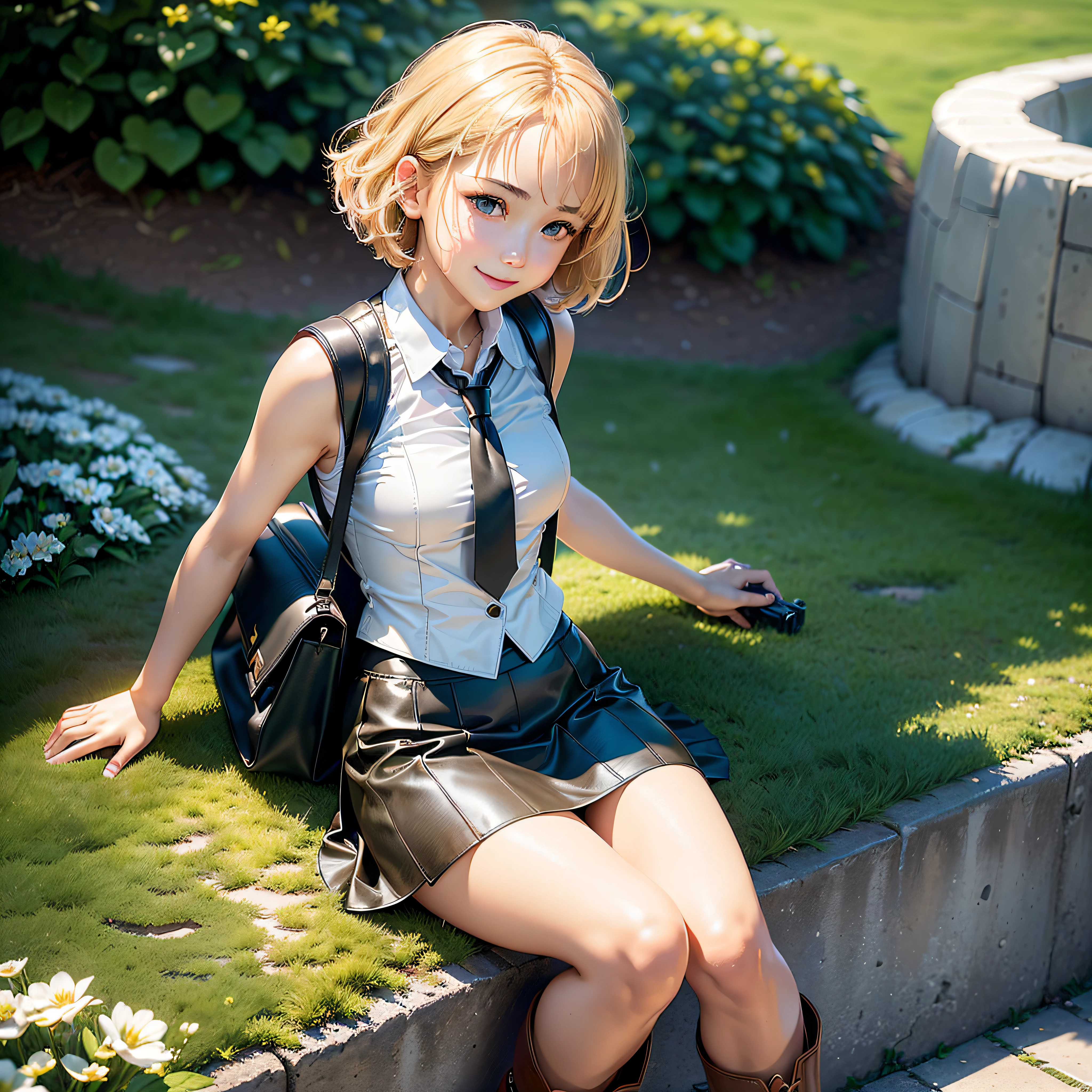 (Masterpiece, highest quality, highest resolution, distinct_image, very elaborate CG, cinematic lighting, ray tracing, drop shadows, detailed detail, (photorealistic: 1.4), high quality textures, fine-grained, realistic face expression): (lone girl, face is Japan, short golden hair, small size breasts, sparkling eyes, Eye level shot, happy smile, beauty, slim body, holiday, skirt, white shirt with collar, leather vest, cardian, handgun holder, carrying leather bag on back, long boots, tie, season of fresh greenery, sunny day with good climate, green park, lush trees, wide lawn, promenade in park, flowers blooming in flower beds, street, fountain, Active Angle, Active Action)