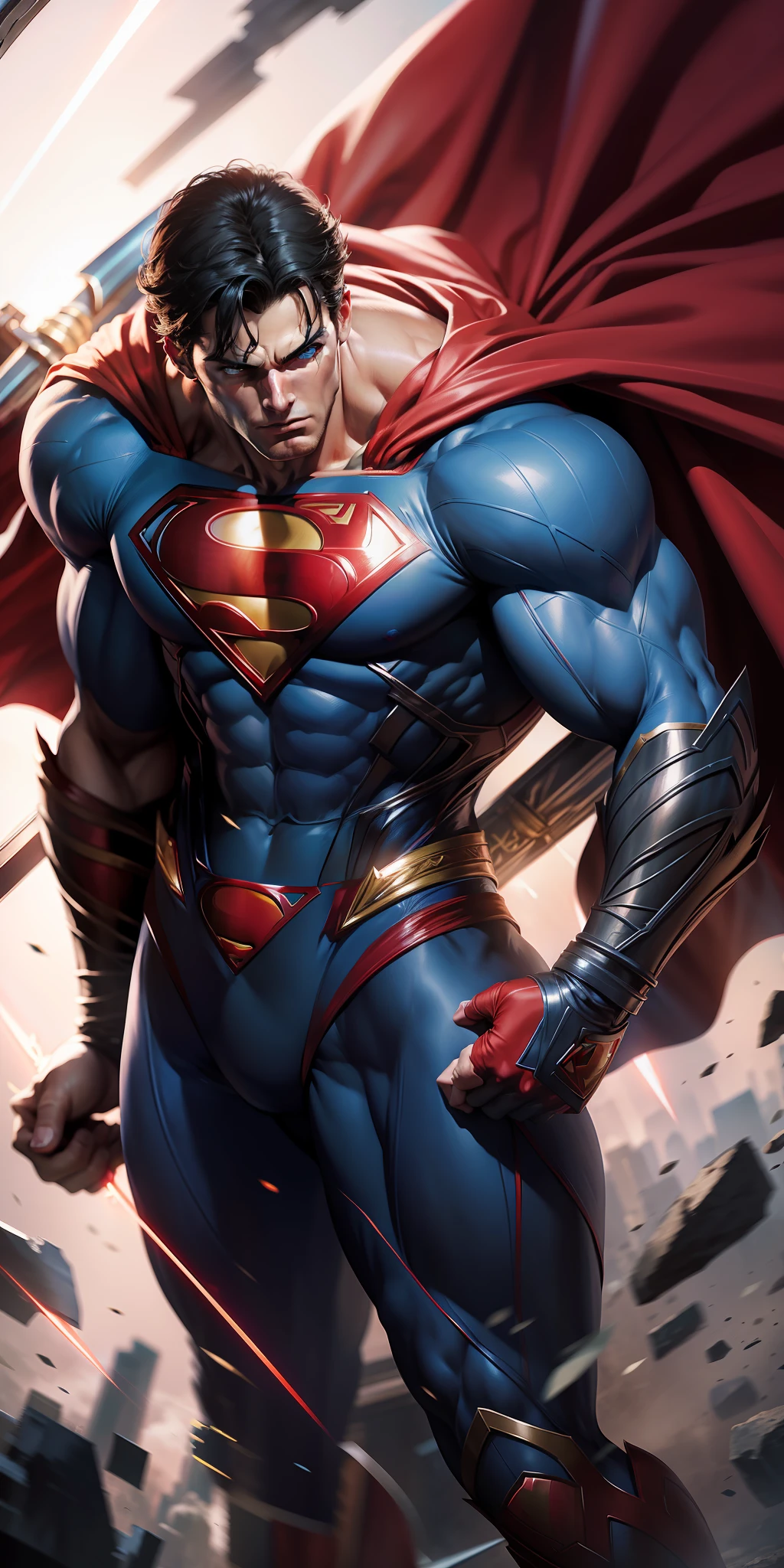 (Superman holding a sword), ultra-detailed CG illustration, best quality, masterpiece, dynamic pose, high resolution, dynamic camera angle, strong muscles, blue eyes, shiny costume, red cape, powerful stance, sparks, lightning effects, Volumetric light)