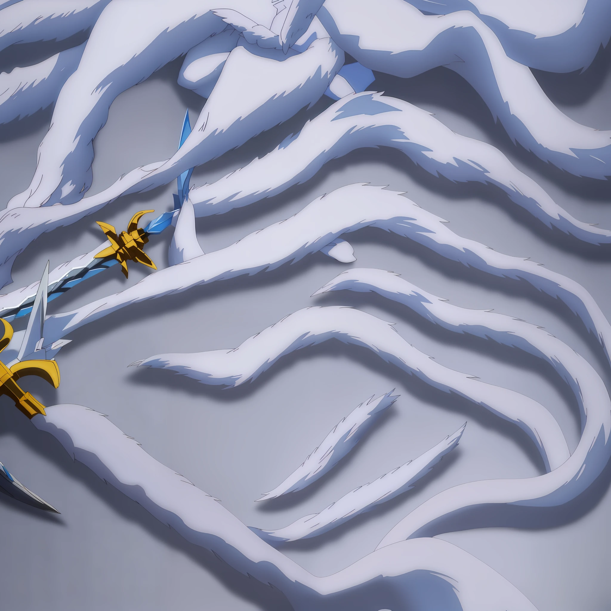 A Furry Wolf,with white and blue fur,There is a sword beside.scientific background.