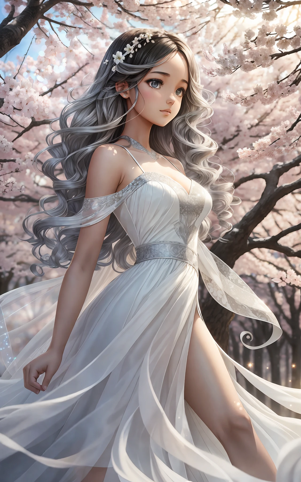 award winning 64k concept art of (black 1girl:1.2) in white majestic open dress standing proudly under sakura tree, posing, epic, god rays, centered, (masterpiece:1.2), (best quality:1.2), Amazing, highly detailed, beautiful, finely detailed, warm soft color grading, Depth of field, extremely detailed 64k, fine art, stunning, iridescent, shiny, (light reflections:1.2), (crisp:1.5), silver curls, wind, vibrant, sunlit, (edge detection:1.2), absurdres, by Katie Daisy, impressive, 120mm