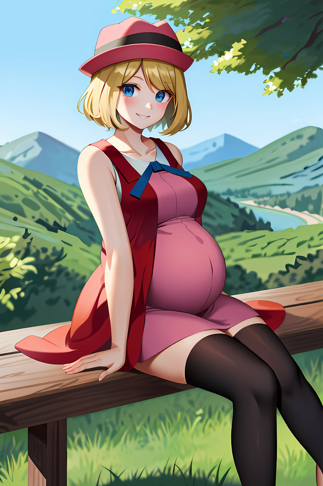 masterpiece, best quality, highres, serene \(pokemon\), short hair, blue eyes, 1girl, solo, blue ribbon, eyelashes, black thighs, neck ribbon, sleeveless, bangs, collarbone, bare arms, pink dress, red coat, pink hat, outdoor, sitting, peace_sign, pregnant, blush, smile, long stockings, black stockings, mid-thigh stockings, large female breasts, neckline, large rounded belly, Advanced pregnancy, left hand on belly.