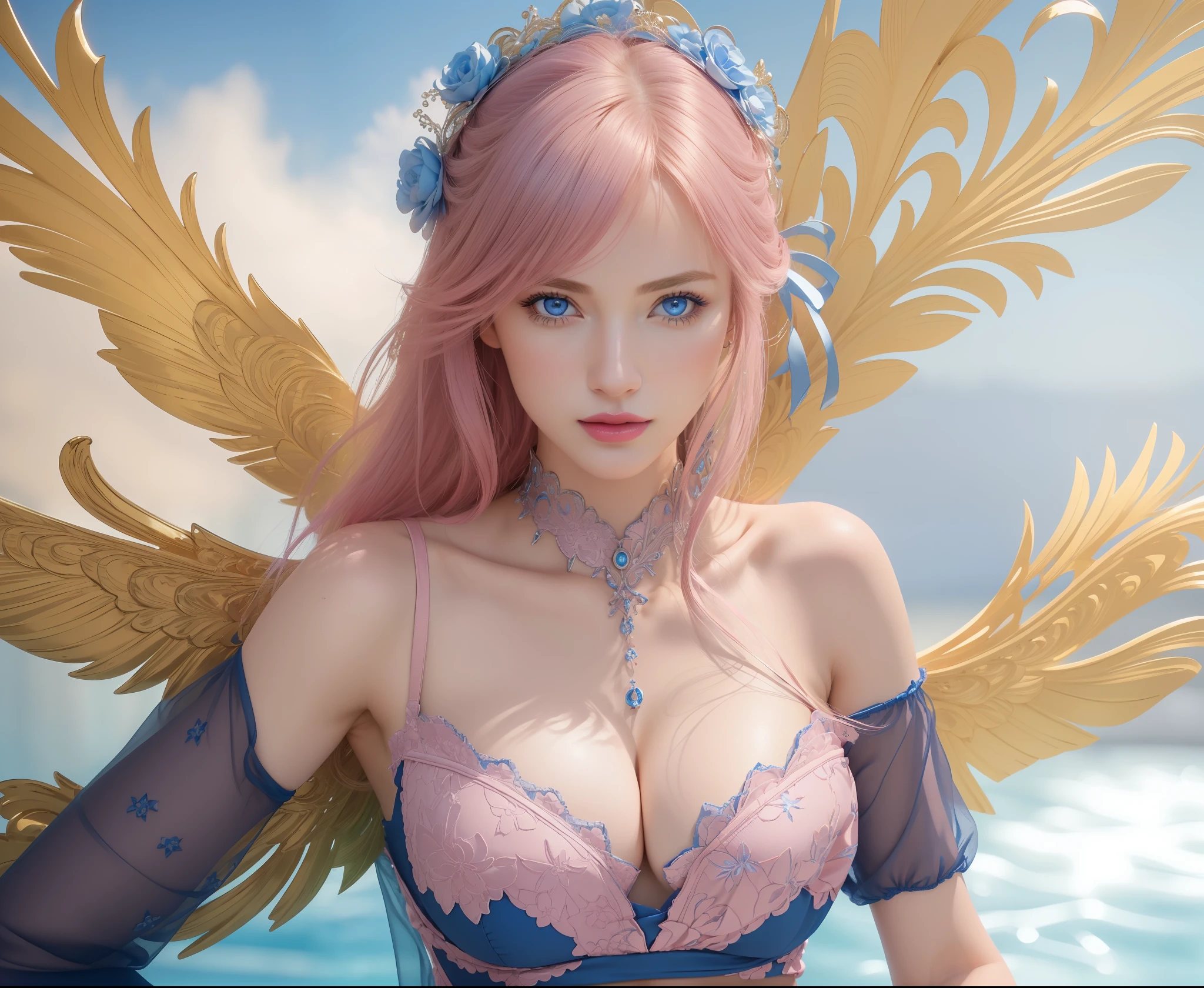 (masterpiece, best quality, extremely detailed 8k, ultra hd, ultra-detailed, highly detailed, highly realistic, ultra-realistic, photo realistic), (1girl:1.5), (detailed realistic skin), (realistic big breasts), (pink lipstick), (realistic blue eyes), slender abs,