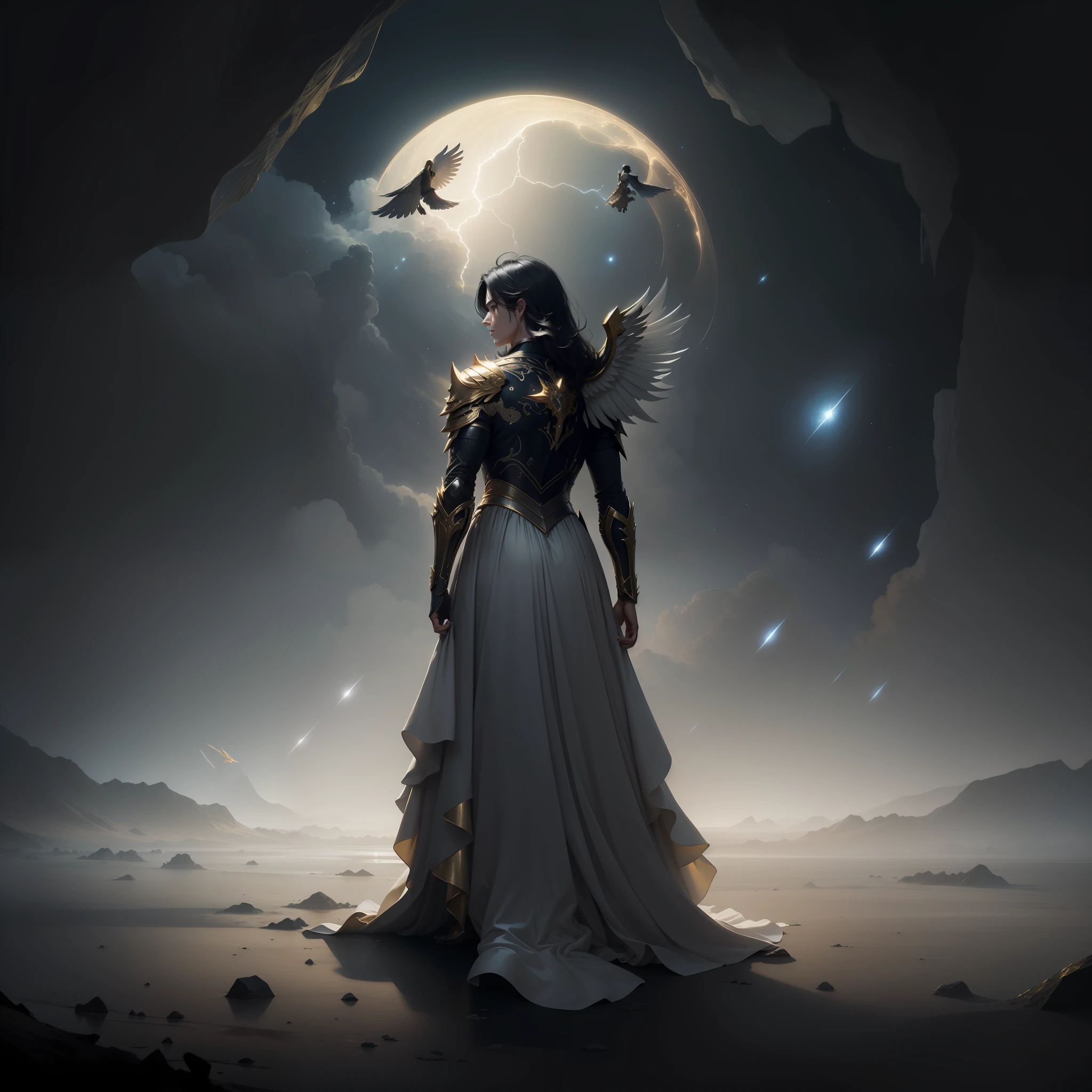 Male angel, with his wings spread, floating, golden armor, black hair, looking at the starry sky, at his feet the hell on fire, detailed, 8k, Canon Mark 5, 20 mp lens.