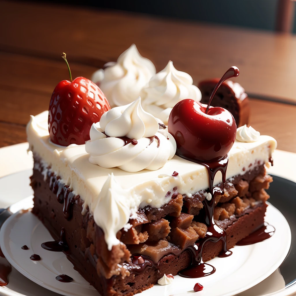 Piece of chocolate cake on a white plate. With cream and a cherry on the cake --auto --s2