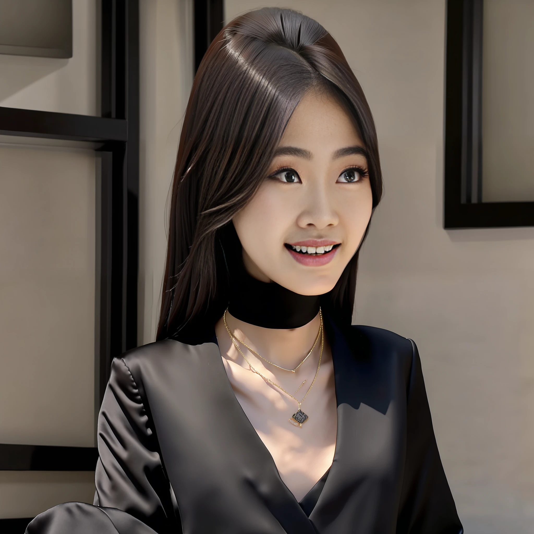 (Best Quality, 8k, 32k, Masterpiece, UHD: 1.2), Photo of a Beautiful Chinese Woman, (Detailed Face: 1.1), Simple Black Suit, Looking at the Viewer, Full Body Photo: 2, Necklace, Dress Shirt, Smile, Lower Body Long Skirt, Slim Figure, Long Legs, High Heels: 1.9, Tall, Height 1.7m: 1.6