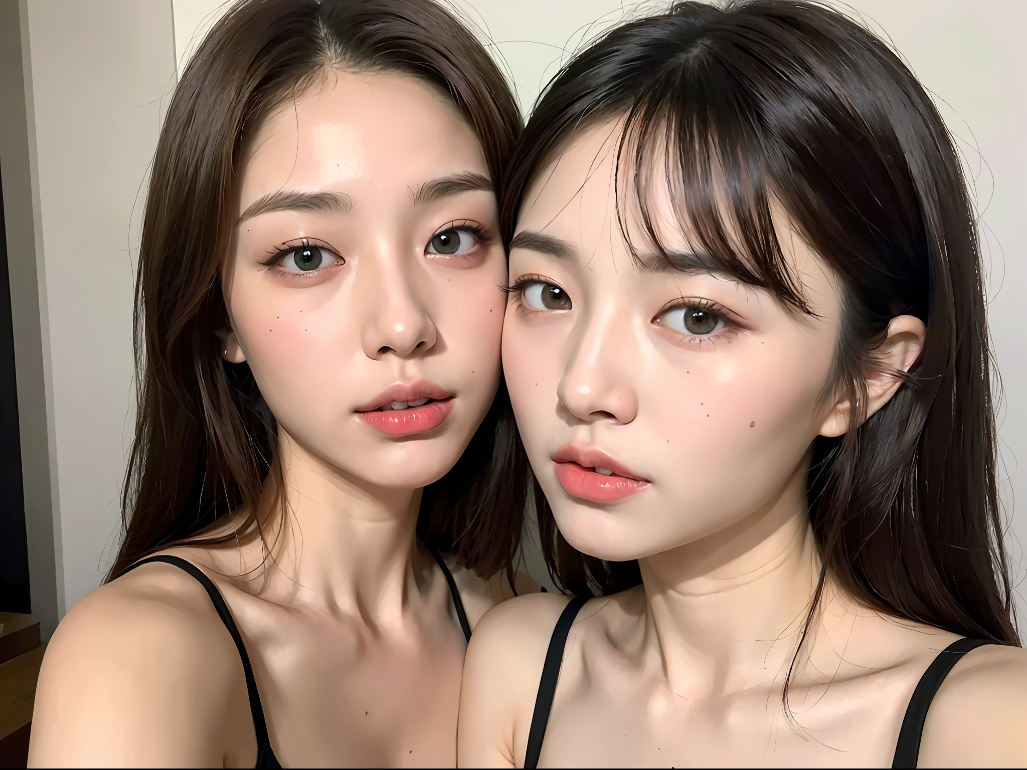 ((Best quality, 8k, Masterpiece :1.3)), 2girls are kissing, side shot :1.2, beautiful Japanese woman with slender abs: 1.3, (casual hairstyle, big breasts: 1.2), bikini, super detailed face, detailed eyes, double eyelids, whole body,
