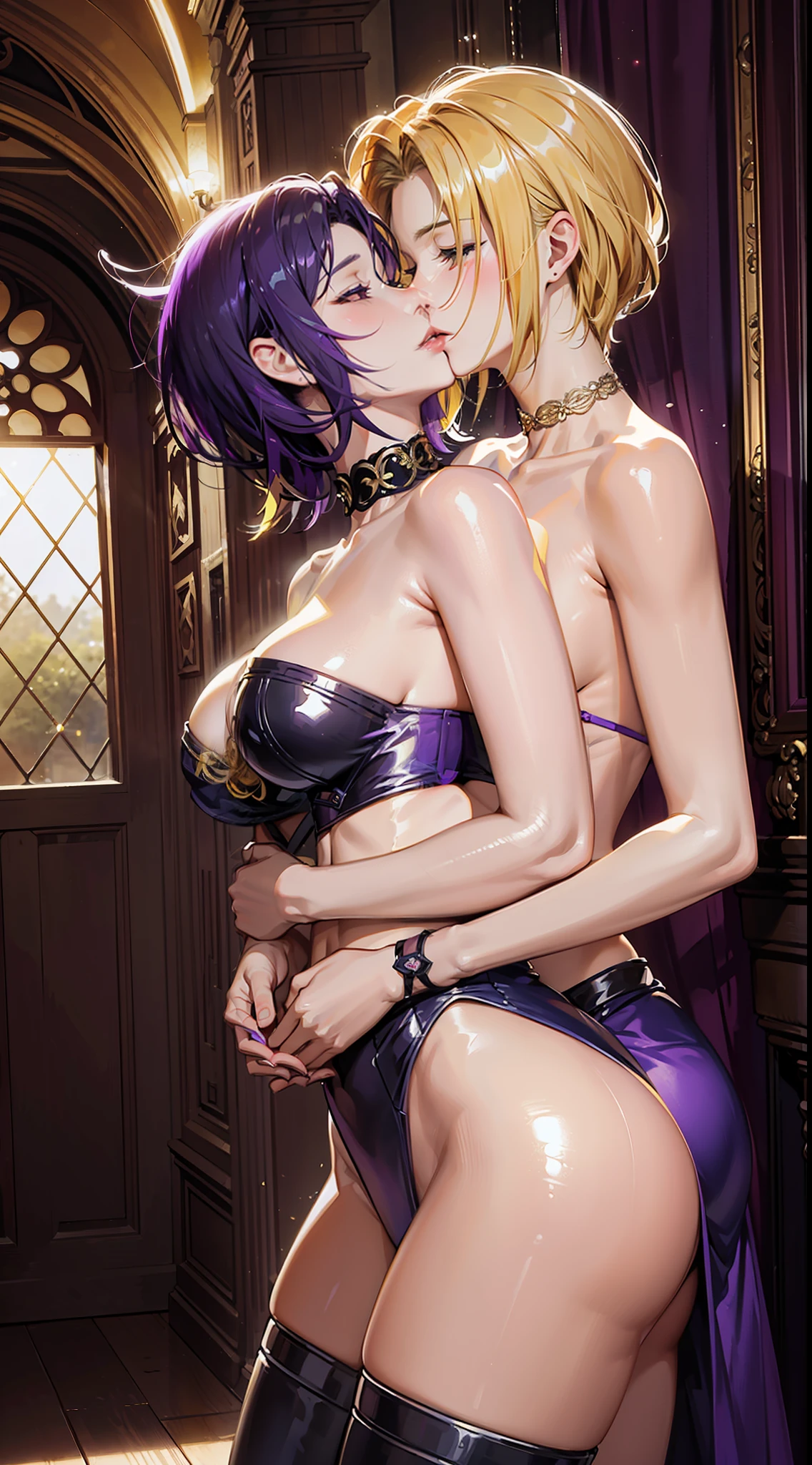 8K, masterpiece, one yellow hair and one purple hair, touching chest from behind, romanticism, lesbian kiss, hugging behind back, kissing each other, bride, perfection, goddess, two beautiful women in love