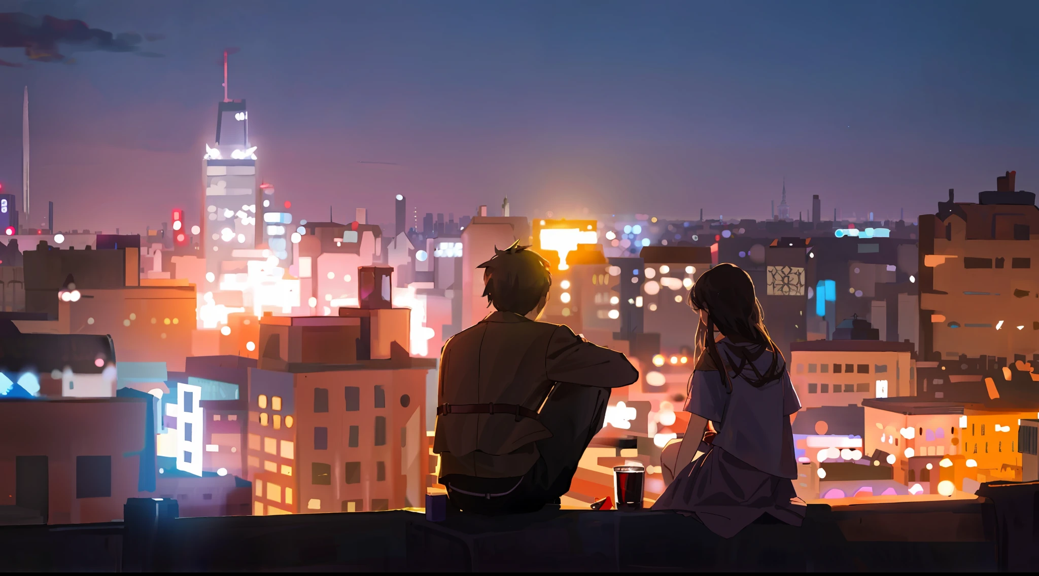 there are two people sitting on a ledge looking at the city, rooftop romantic, sitting on a skyscraper rooftop, on a rooftop, overlooking a modern city, sits on a rooftop, in a rooftop, on rooftop, rooftop party, girl sitting on a rooftop, city rooftop, looking over city, looking at the city, skyline view from a rooftop, rooftop