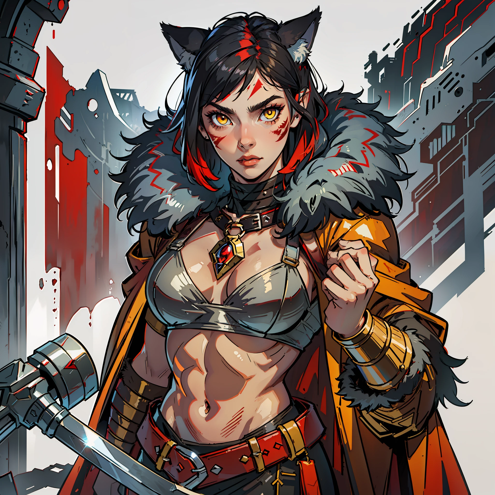 (((1 Female))) one person, 1 woman,barbarian, full body, short hair, black hair, bright yellow eyes, medieval clothes, wolf fur coat, tunic, red hood, axe, muscular, war paint, black forest, shadows, wolf ears, dynamic pose,