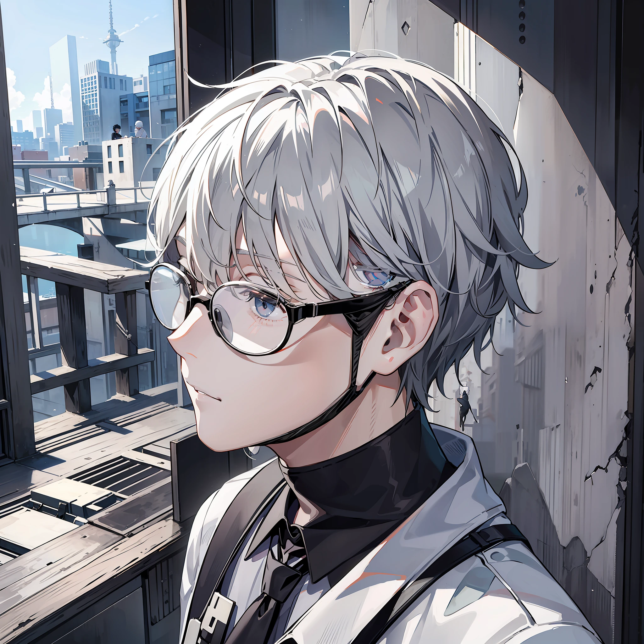 Medium haired boy dyed white with hipster glasses all black looking out at the landscape with a gray cat on his shoulder and a mask on his neck