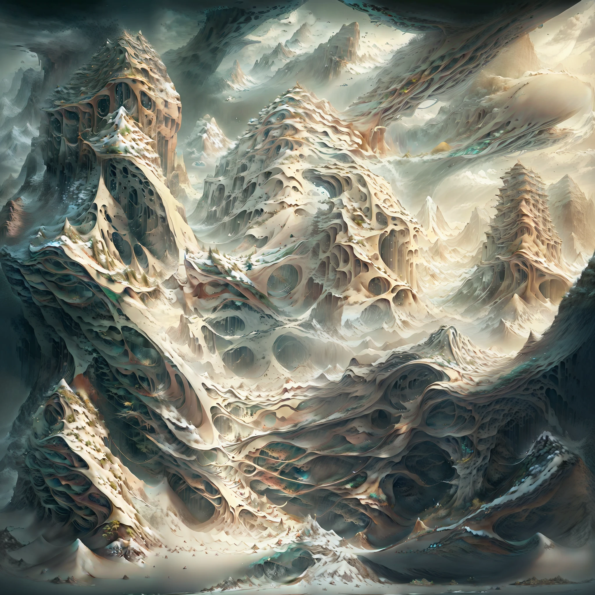 there is a digital painting of a mountain with a waterfall, symmetrical epic fantasy art, organic matte painting, most epic landscape, matte digital painting, illustration matte painting, surreal concept art, matte painting ”, matte painting”, dramatic concept art, epic fantasy digital art style, floating mountains, detailed fantasy digital art, dreamlike digital painting, fractal landscape, alien waterfall