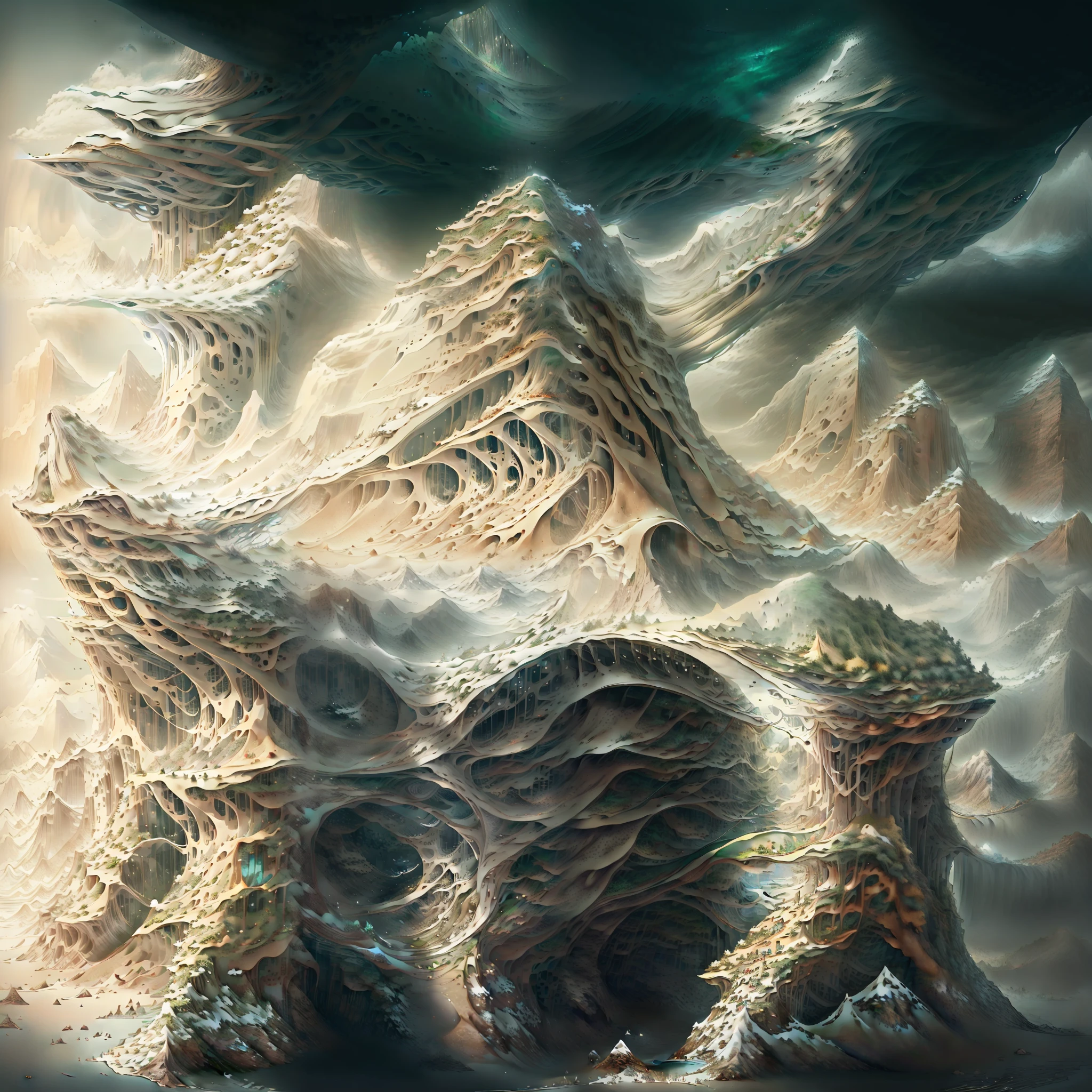 there is a digital painting of a mountain with a waterfall, symmetrical epic fantasy art, organic matte painting, most epic landscape, matte digital painting, illustration matte painting, surreal concept art, matte painting ”, matte painting”, dramatic concept art, epic fantasy digital art style, floating mountains, detailed fantasy digital art, dreamlike digital painting, fractal landscape, alien waterfall