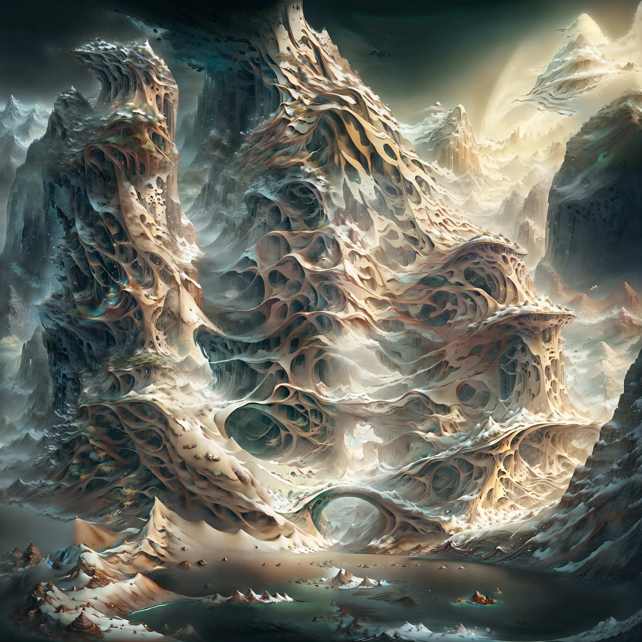 there is a digital painting of a mountain with a waterfall, symmetrical epic fantasy art, organic matte painting, most epic landscape, matte digital painting, illustration matte painting, surreal concept art, matte painting ”, matte painting”, dramatic concept art, epic fantasy digital art style, floating mountains, detailed fantasy digital art, dreamlike digital painting, fractal landscape, alien waterfall