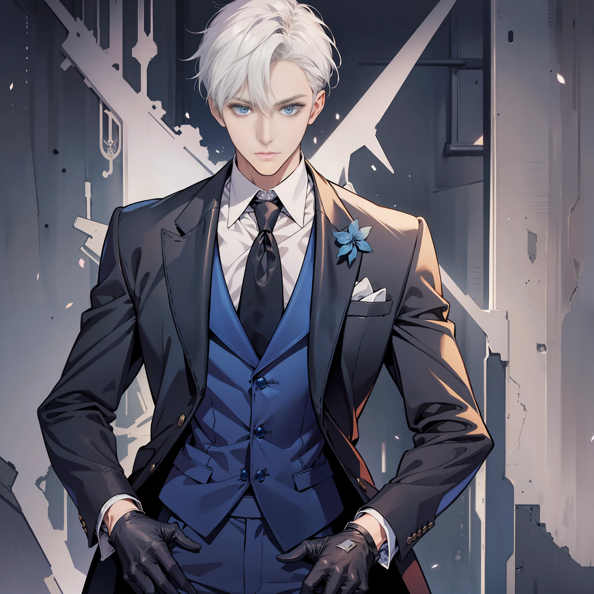 1 male, suit, jacket, upper body, gloves, looking at camera, white short hair, blue eyes, butler, high quality, detailed background