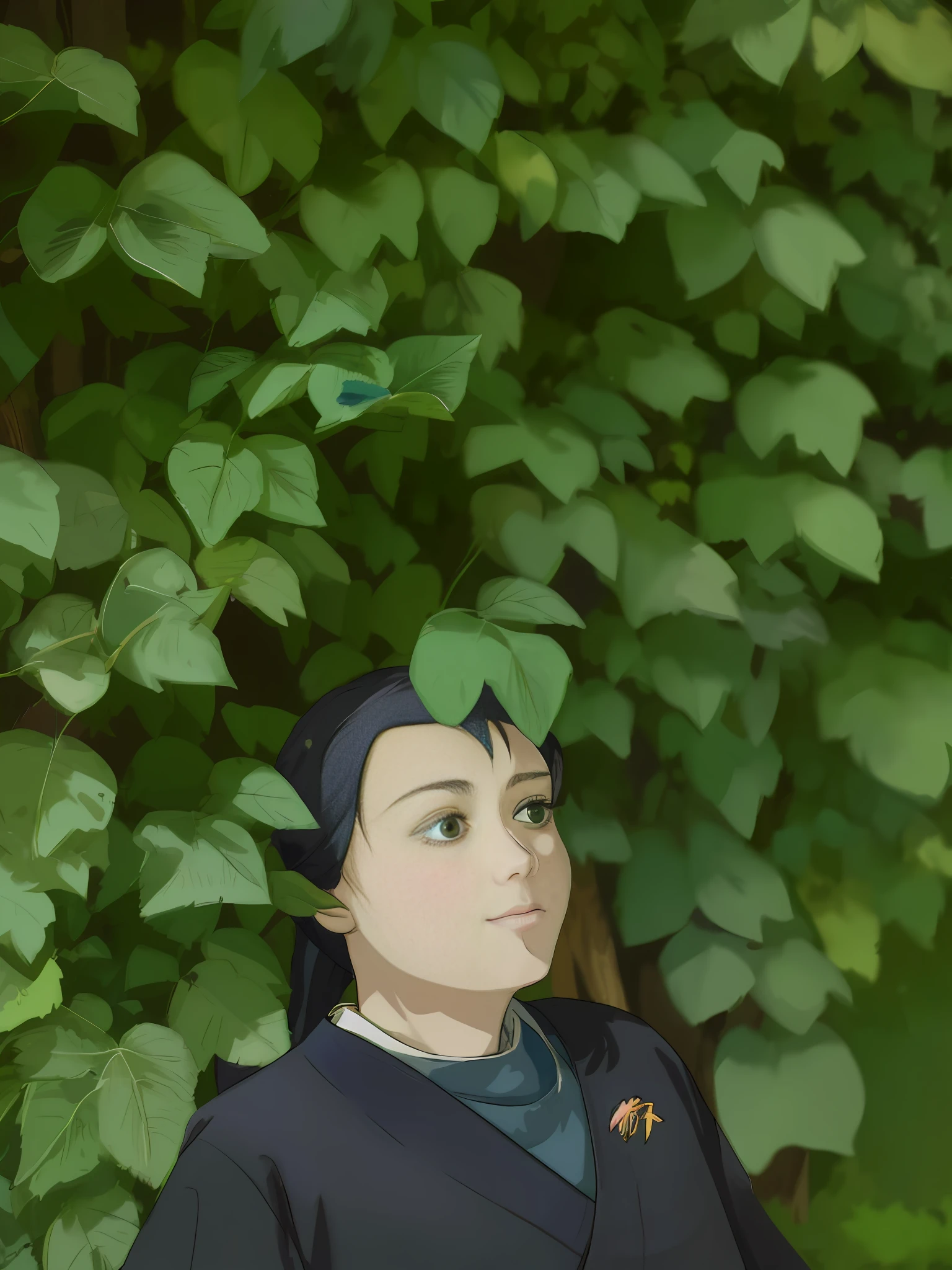 Two-dimensional, two-dimensional painting, pure hand-painted, 20-year-old girl, making funny expressions, wearing colorful Hanfu, leaning against the wall full of green leaves, high definition, super detailed, clear lines, delicate colors. The sun shines through the leaves and shines on the face.