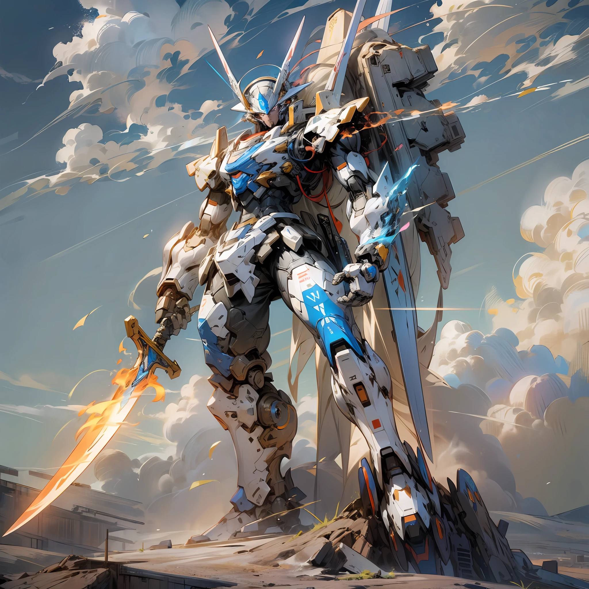 (Masterpiece), (Super Beautiful), Super Robot, White Collar, Holding a Flaming Sword, Giant Robot, Glowing, Desolate Earth, Wilderness, Blue Sky, Clouds, Towering --auto --s2