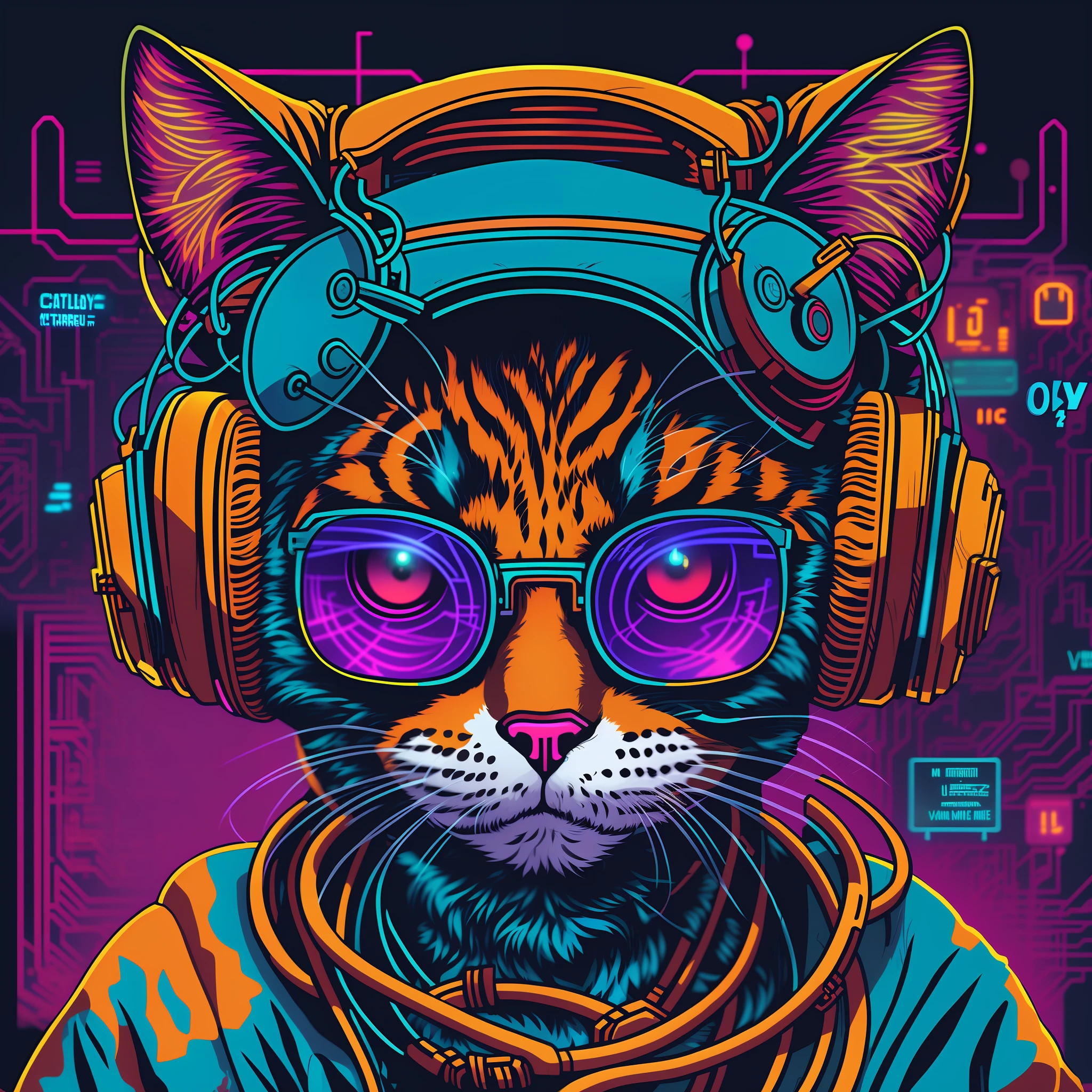 a cat wearing headphones and glasses with a circuit background, cyberpunk cat, masterpiece epic retrowave art, epic retrowave art, in the art style of dan mumford, cybercat, synthwave art, synthwave digital art, synthwave art style, furry digital art, cat from the void, hyper detailed digital art, beeple and jeremiah ketner