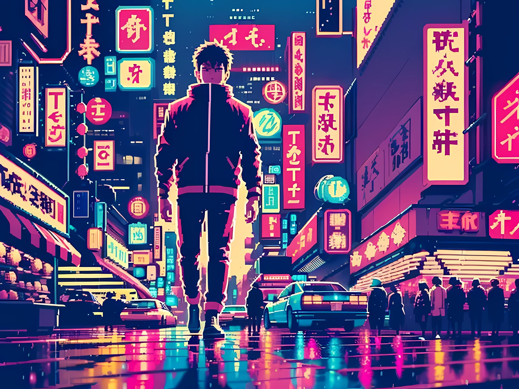 (bokeh effect), (dynamic angle), ((masterpiece)), (streets of tokyo), (zebracross), (raining), (night), empty city, dark, (neon), pixelart, ((pixelated)), cyberpunk