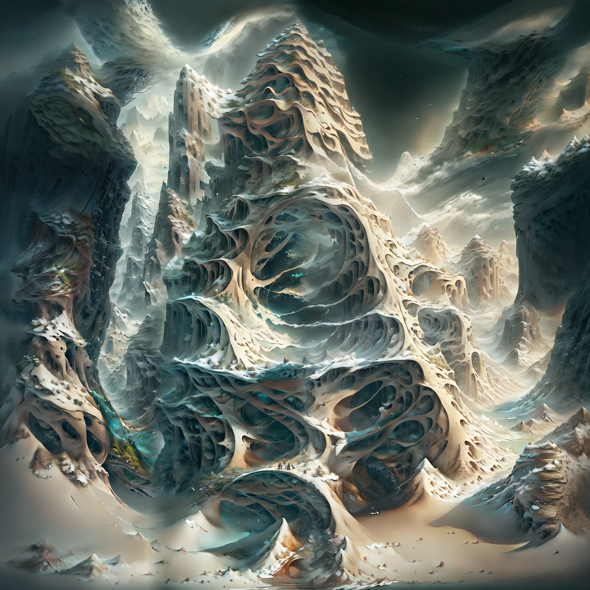 there is a digital painting of a mountain with a waterfall, symmetrical epic fantasy art, organic matte painting, most epic landscape, matte digital painting, illustration matte painting, surreal concept art, matte painting ”, matte painting”, dramatic concept art, epic fantasy digital art style, floating mountains, detailed fantasy digital art, dreamlike digital painting, fractal landscape, alien waterfall