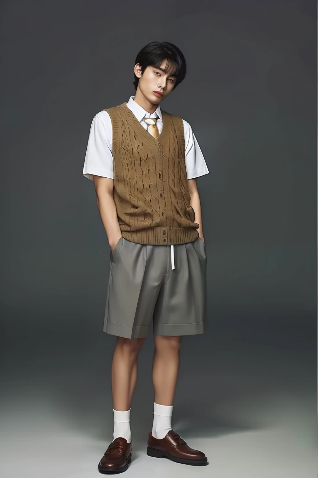 masterpiece, best quality, 1boy, solo, collared shirt, white shirt, sweater vest, tie, short sleeves, half body, looking at viewer