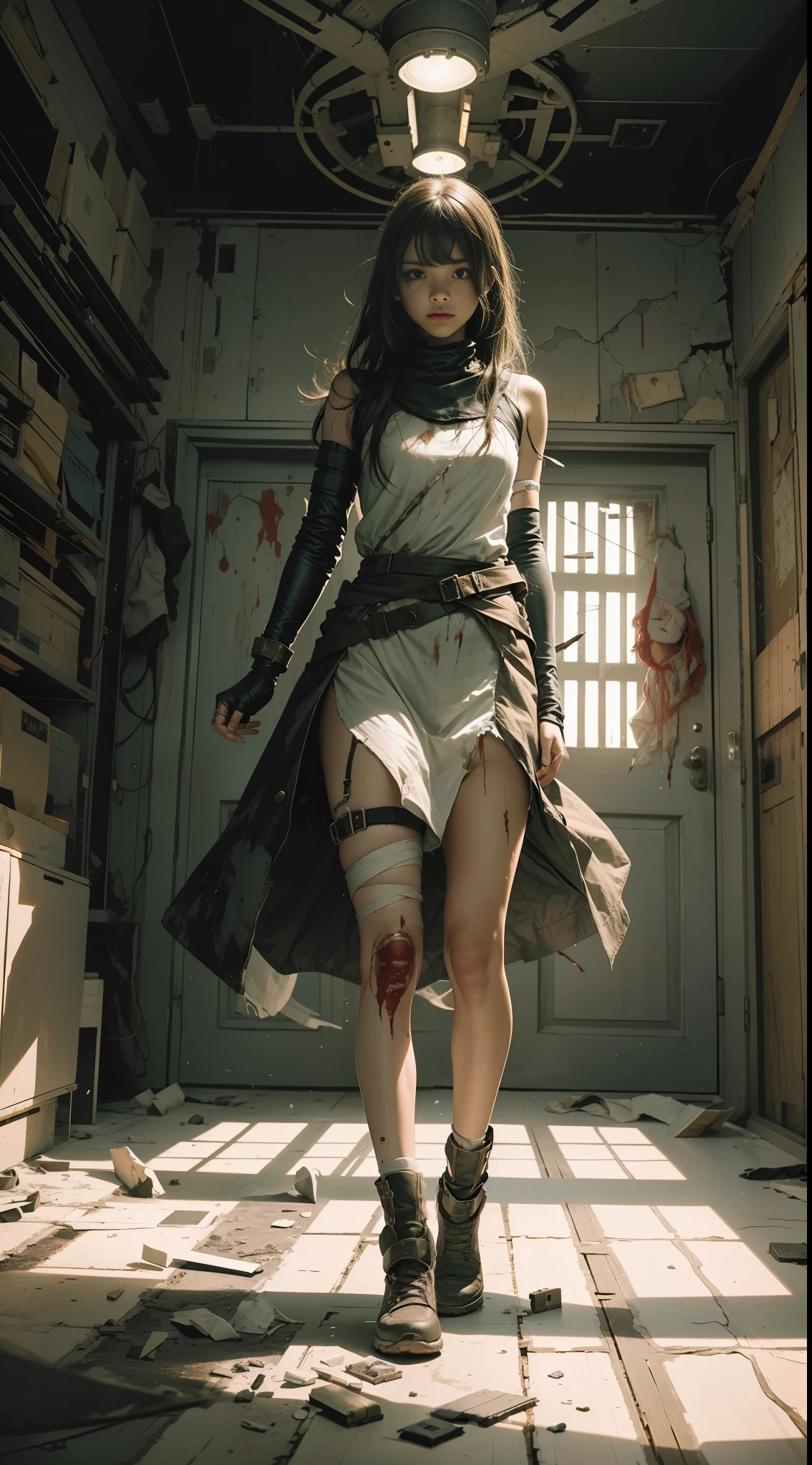 A girl, in the secret room, escape, eerie background, boneless background, terrifying picture, terrifying light, the girl's face is bloodless, there are wounded bandages on her arms, blood on the ground,