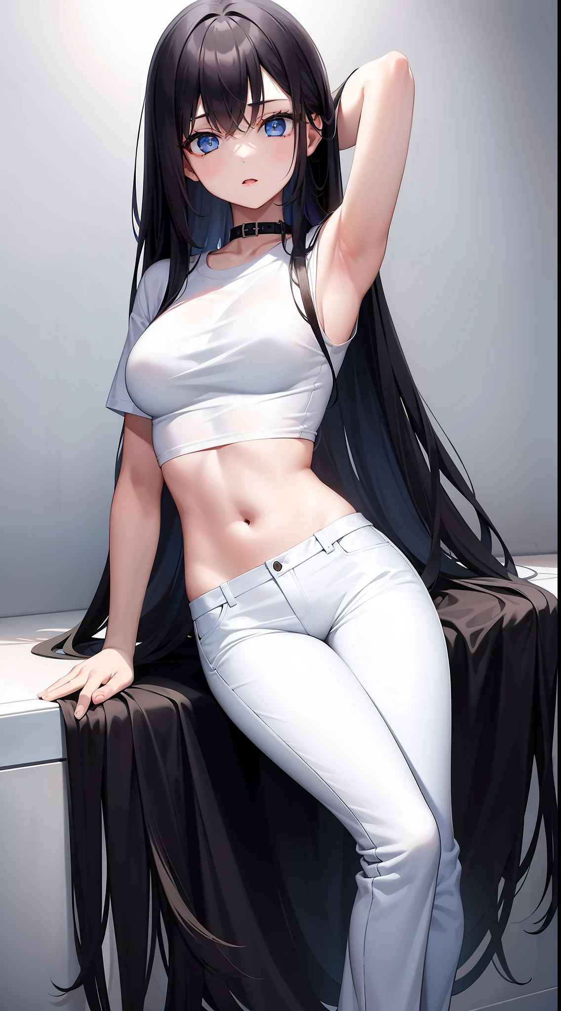 Young girl, long black hair, blue eyes, tattoo on face, white T-shirt, pants, masterpiece, high quality