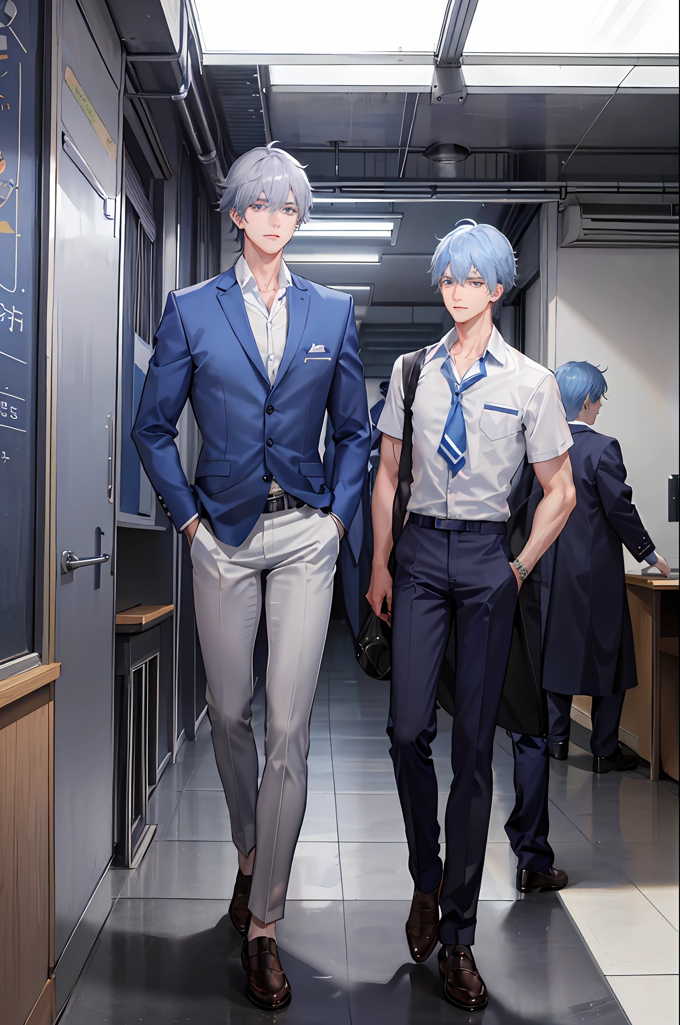 3boys, [detailed background (classroom, school, korean school, Seoul], blue hair, pastel blue hair, short blue hair, gray hair, indigo hair, lean and muscular male, alpha male, masculine male, tall male, teenager ((man wears an white korean school uniform, gray trousers)), correct limbs, correct anatomy, handsome, Eye details, beautiful eyes, delicate eyes, blue eyes, avoid different eyes, broad chest, broad shoulders, tiny waist, long legs, serious face