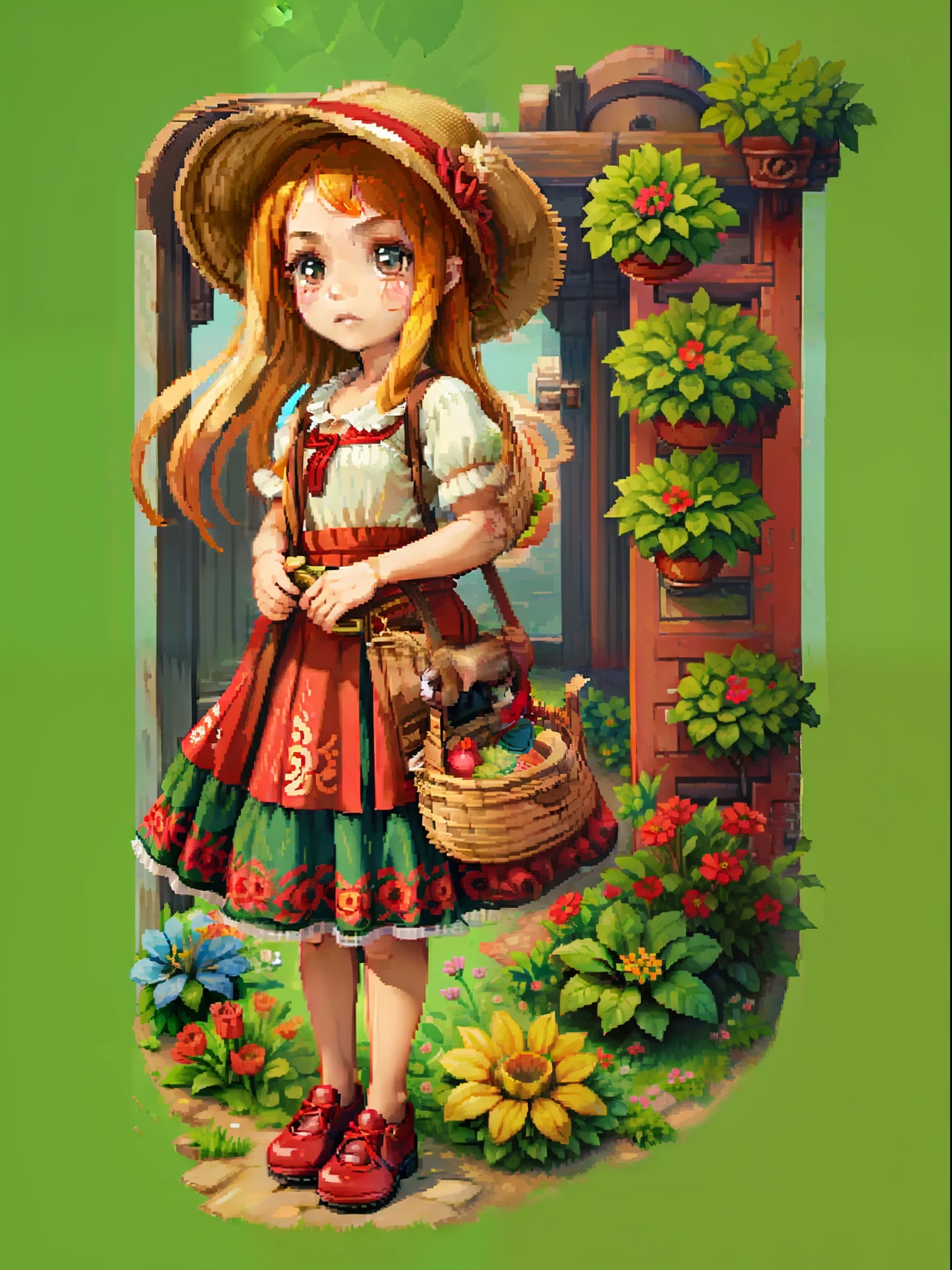 A Q version of a ***********, straw hat, flower basket, floral skirt, little red leather shoes, (((strong pixel style)))