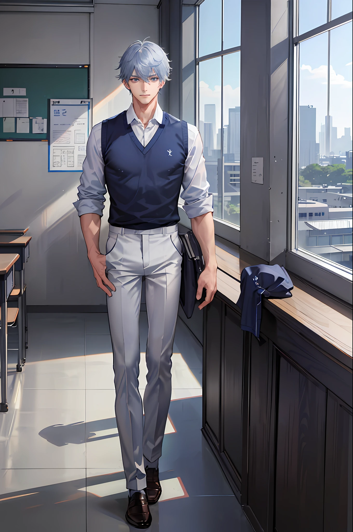 3boys, [detailed background (classroom, school, korean school, Seoul], blue hair, pastel blue hair, short blue hair, gray hair, indigo hair, lean and muscular male, alpha male, masculine male, tall male, teenager ((man wears an white korean school uniform, gray trousers)), correct limbs, correct anatomy, handsome, Eye details, beautiful eyes, delicate eyes, blue eyes, avoid different eyes, broad chest, broad shoulders, tiny waist, long legs, serious face