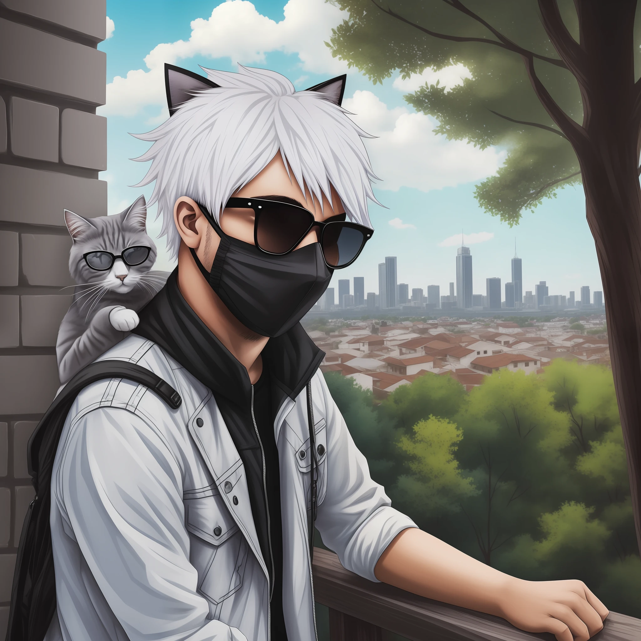 (Amazing scene) Kid with medium hair dyed white wearing black hipster sunglasses, looking out at the landscape with a gray cat sitting on his shoulder and a mask hanging from his neck.