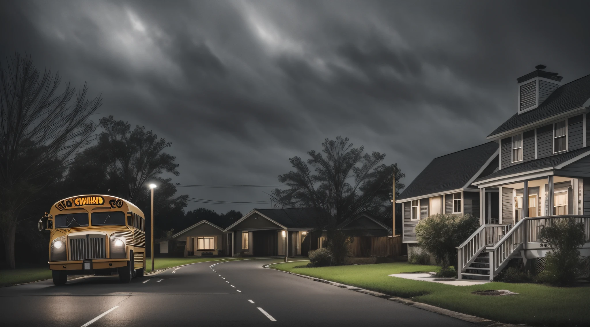 In the darkness, a man in a gray striped shirt walking towards a beautiful house that has the porch light on, in a deserted street with a school bus, sad and gloomy weather. He has his back to the picture. --auto --s2