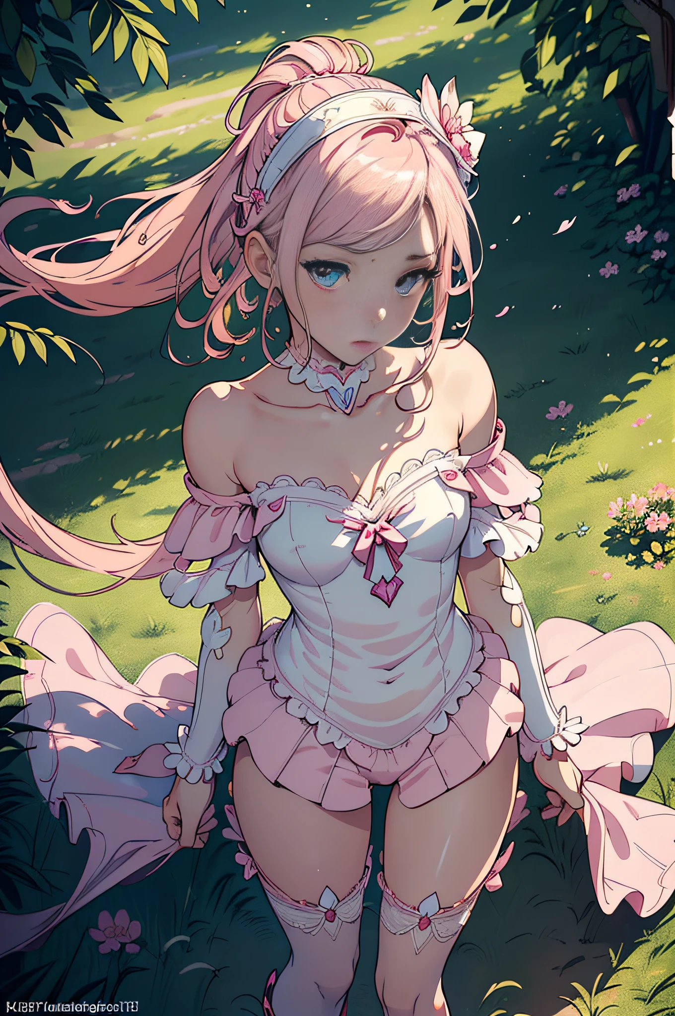 [Detailed illustrations, art based on extremely ideal anatomy, very detailed and detailed drawings, delicate lines with slow and urgent, realistic texture expression],(((Color tressed main lines)),(Artwork with outstanding craftsmanship),(Park background),[HENTAI anime Girl Japanese Pretty  Skinny] Light pink hair ((Magical girl)),((桜花) Floral headband) Low-rise shorts (Short cape (Off-shoulder: 0.5)) ((Lace ruffled ribbon)) (Lace ruffled boots: 0.4),((Silk fabric:0.4)),Transparency (Soft ambient light:0.6) Gravure (Colorful),((Fine and beautiful skin expression (transparency))),((Clear gaze)),((Perfect eye details ( Beautifully drawn eyes))),(Beautiful perfect face (realistic face details)),((Beautiful hair details)),(Perfectly proportioned proportions)),(Design built to a high level,((Advanced structural understanding of materials)),Ideal color coordination),((Artistic decoration)) ((Dense details)),((Detail,High definition)),[( Ultra-precise detail),((Multi-layered texture)),HighQuality,High Resolution],((Accurate simulation of light-material interactions, understanding of air flow, mechanically correct representation)),(((Visual art with a sense of narrative)).