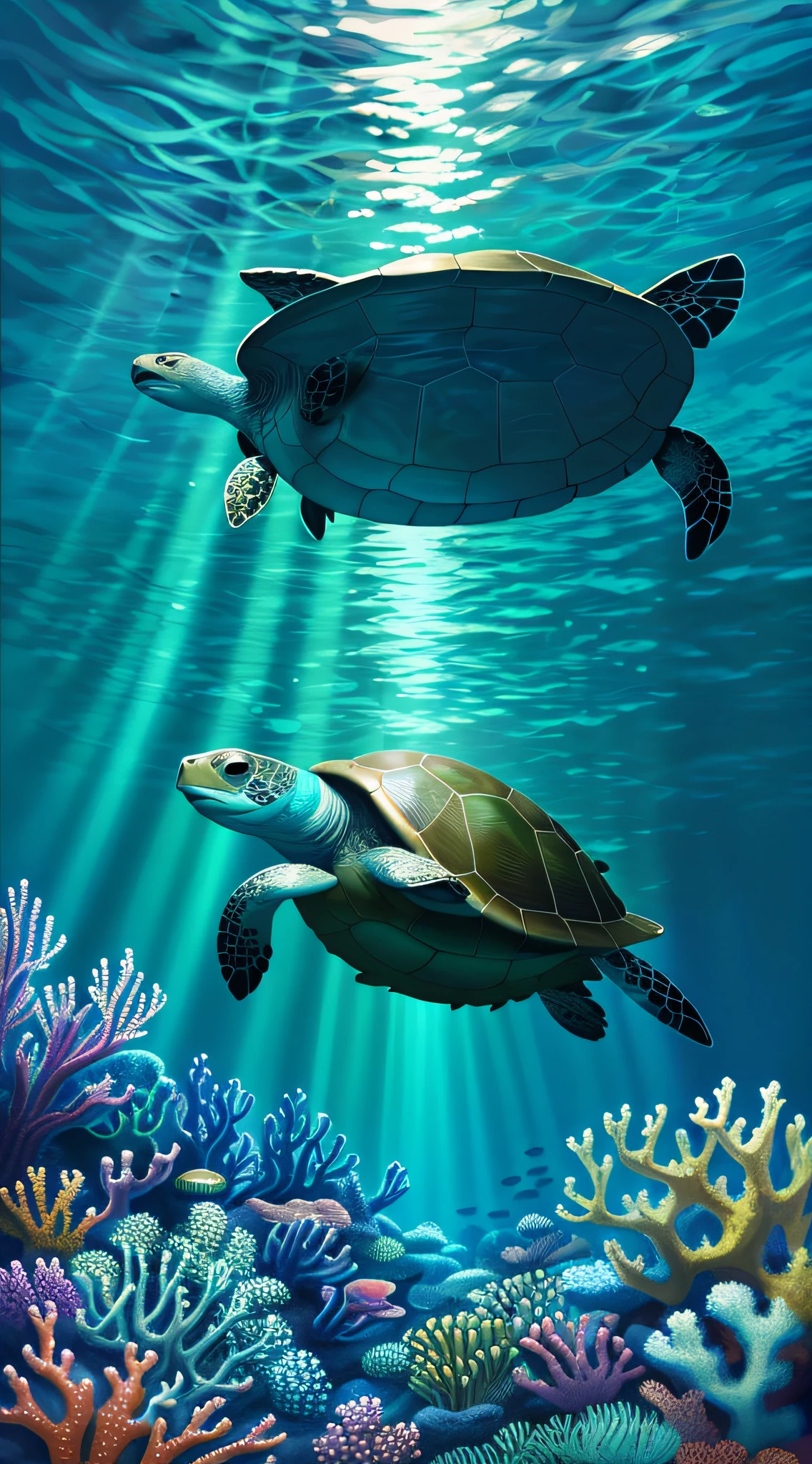Swimming from right to left of the figure, full body photo, 100-year-old turtle, underwater, sea, digital painting, round eyes, wrinkled elder face, arms open, swimming, brown shiny carapace, taken from the top of the turtle's back, face facing the direction of swimming, soft light, (coral swimming tropical fish), analytical art, detailed painting, bioluminescence, iridescent, octane,