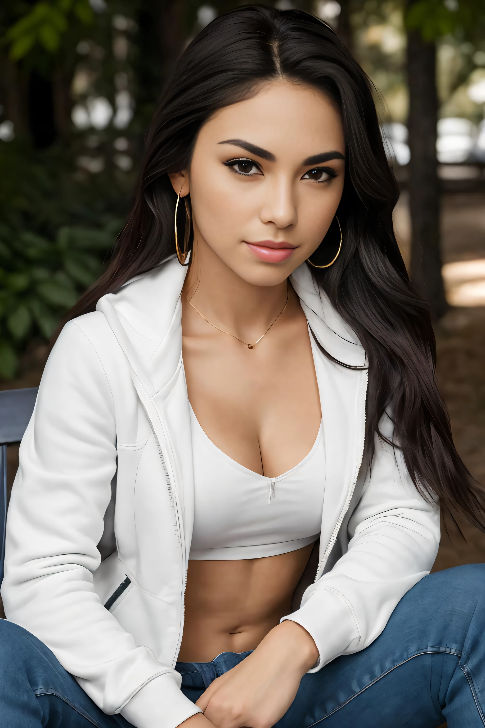 (8k, best quality, masterpiece, ultra highres:1.2), 1 girl, full body, sitting on a chair, leaning towards viewer, beautiful 22 year old Latina woman named Grace wearing an unzipped hoody, jean pants, blush, smile, jacket earrings, gold necklace, flower in hair, tight body, fit body, shaker interior, night official art, ultra high res, professional photography, sharp focus, HDR, 8K resolution, intricate detail, sophisticated detail, depth of field, analogue RAW DSLR, photorealistic,