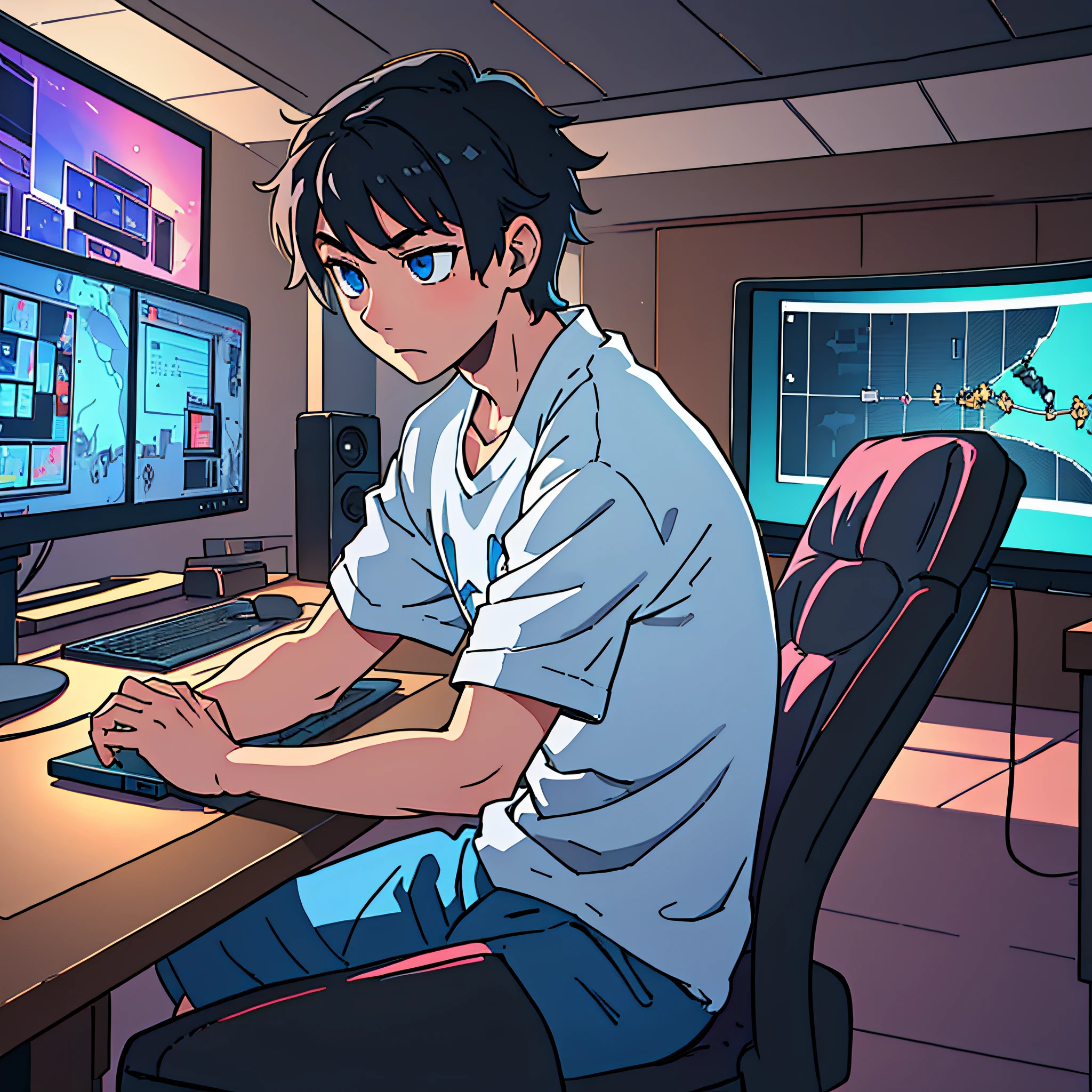 Best quality: 1.0), (Super High Resolution: 1.0), Anime boy, short black hair, blue eyes, sitting in front of computer playing games, background in esports room, --auto --s2