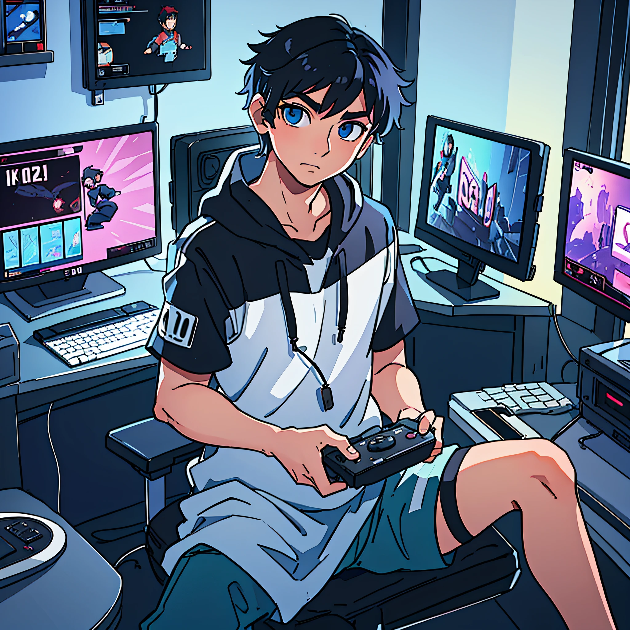 Best quality: 1.0), (Super High Resolution: 1.0), Anime boy, short black hair, blue eyes, sitting in front of computer playing games, background in esports room, --auto --s2